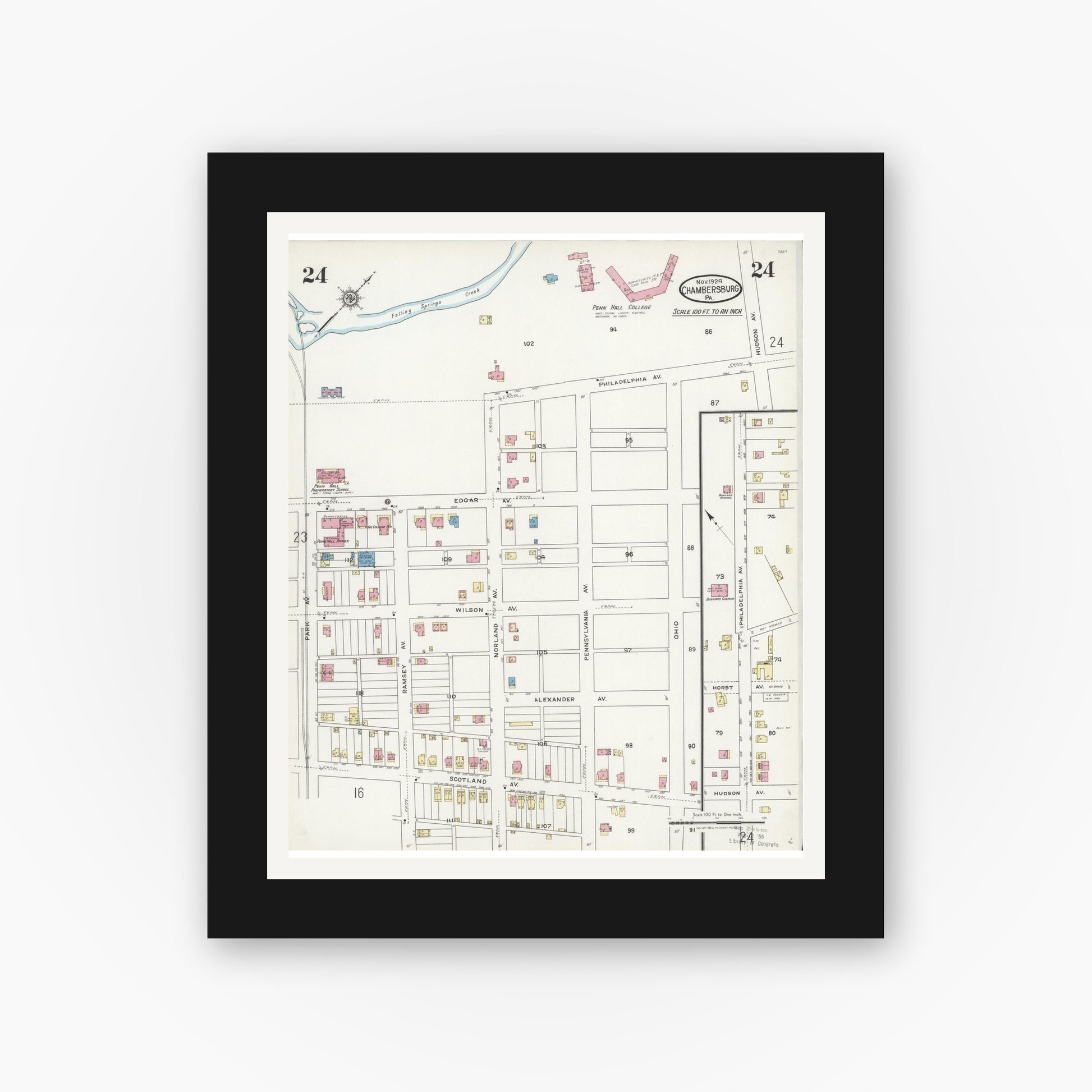 Old map wall art mockup — black gallery frame with white mat — Sanborn Fire Insurance Map from Chambersburg, Franklin County, Pennsylvania (1924), Sheet #0024