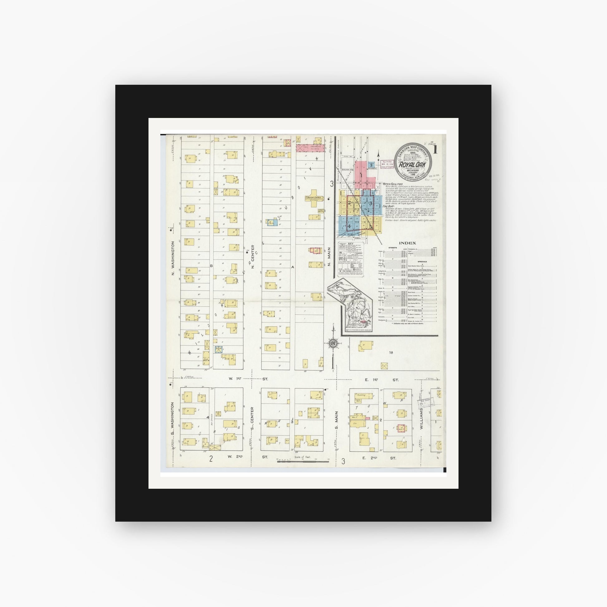 Old map wall art mockup — black gallery frame with white mat — Sanborn Fire Insurance Map from Royal Oak, Oakland County, Michigan (1916) - Complete Map Set