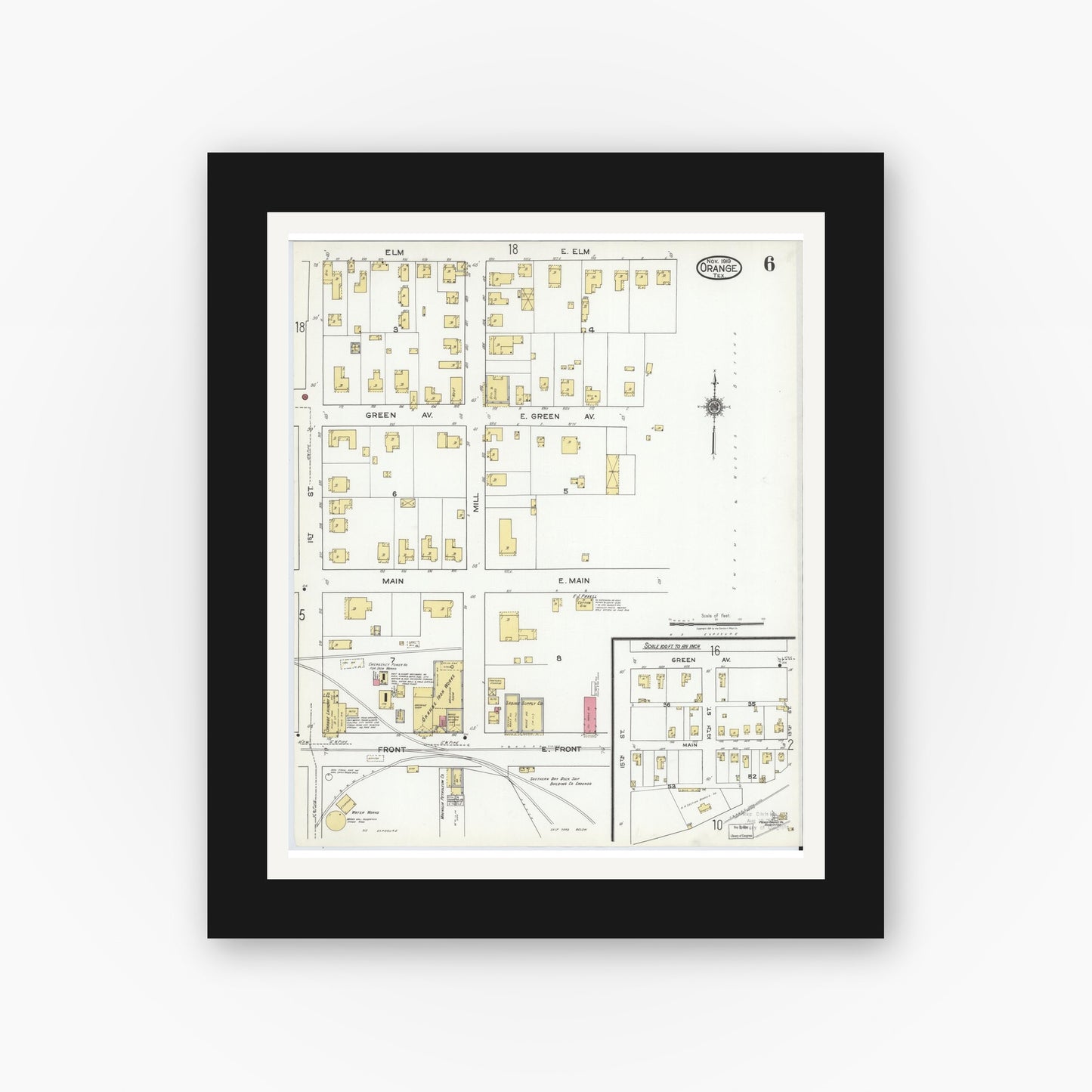Old map wall art mockup — black gallery frame with white mat — Sanborn Fire Insurance Map from Orange, Orange County, Texas (1919), Sheet #0006