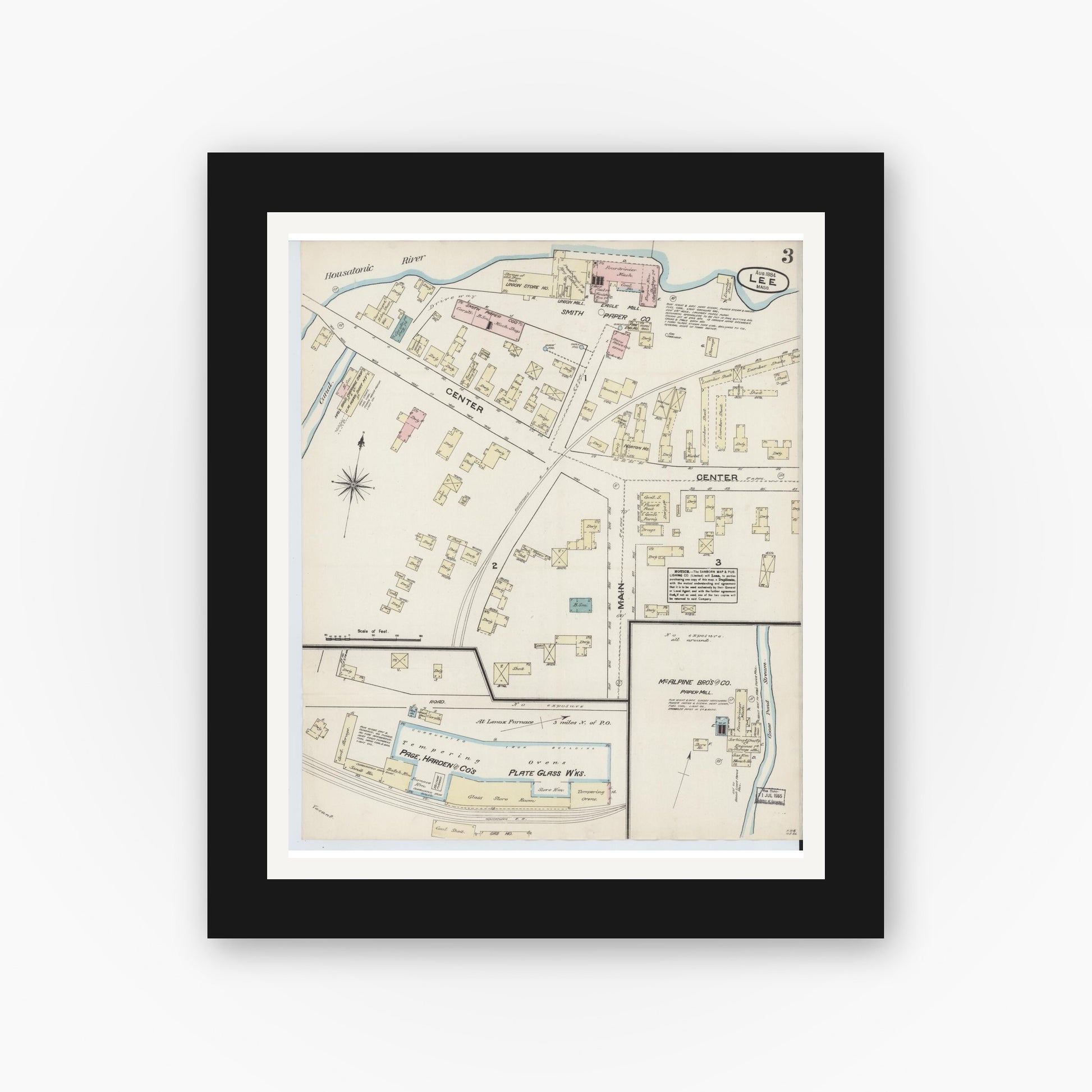 Old map wall art mockup — black gallery frame with white mat — Sanborn Fire Insurance Map from Lee, Berkshire County, Massachusetts (1884), Sheet #0003