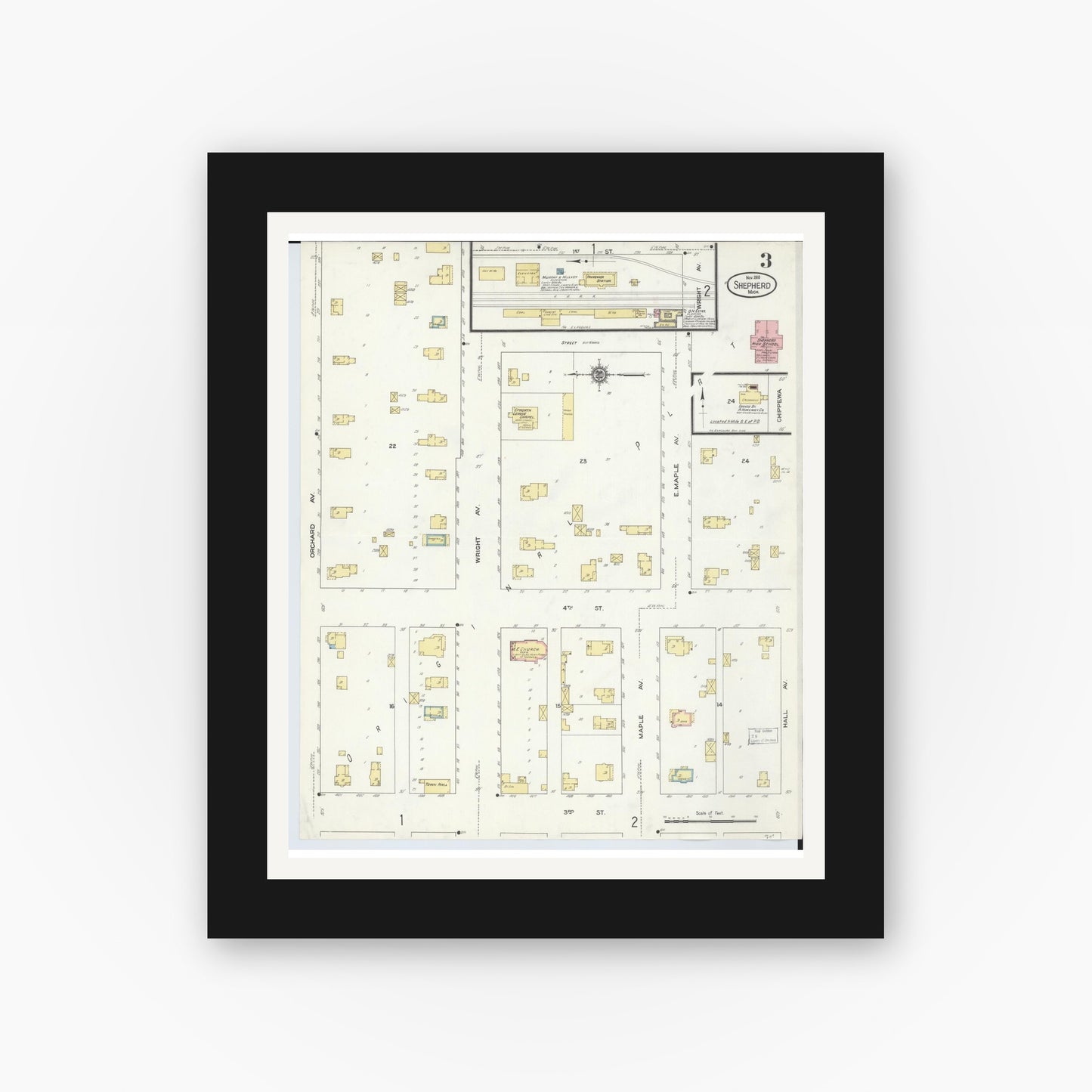 Old map wall art mockup — black gallery frame with white mat — Sanborn Fire Insurance Map from Shepherd, Isabella County, Michigan (1910), Sheet #0003