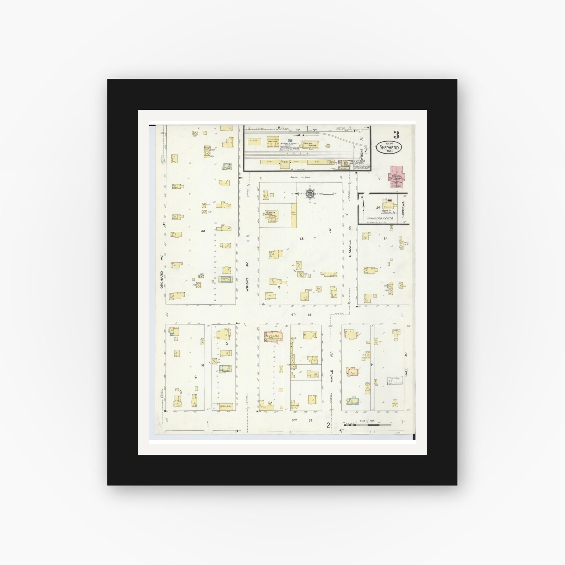 Old map wall art mockup — black gallery frame with white mat — Sanborn Fire Insurance Map from Shepherd, Isabella County, Michigan (1910), Sheet #0003