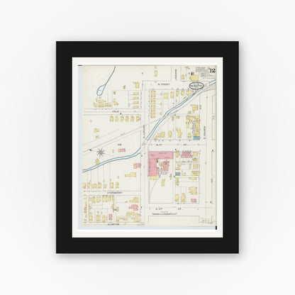 Old map wall art mockup — black gallery frame with white mat — Sanborn Fire Insurance Map from Newark, Licking County, Ohio (1893), Sheet #0012