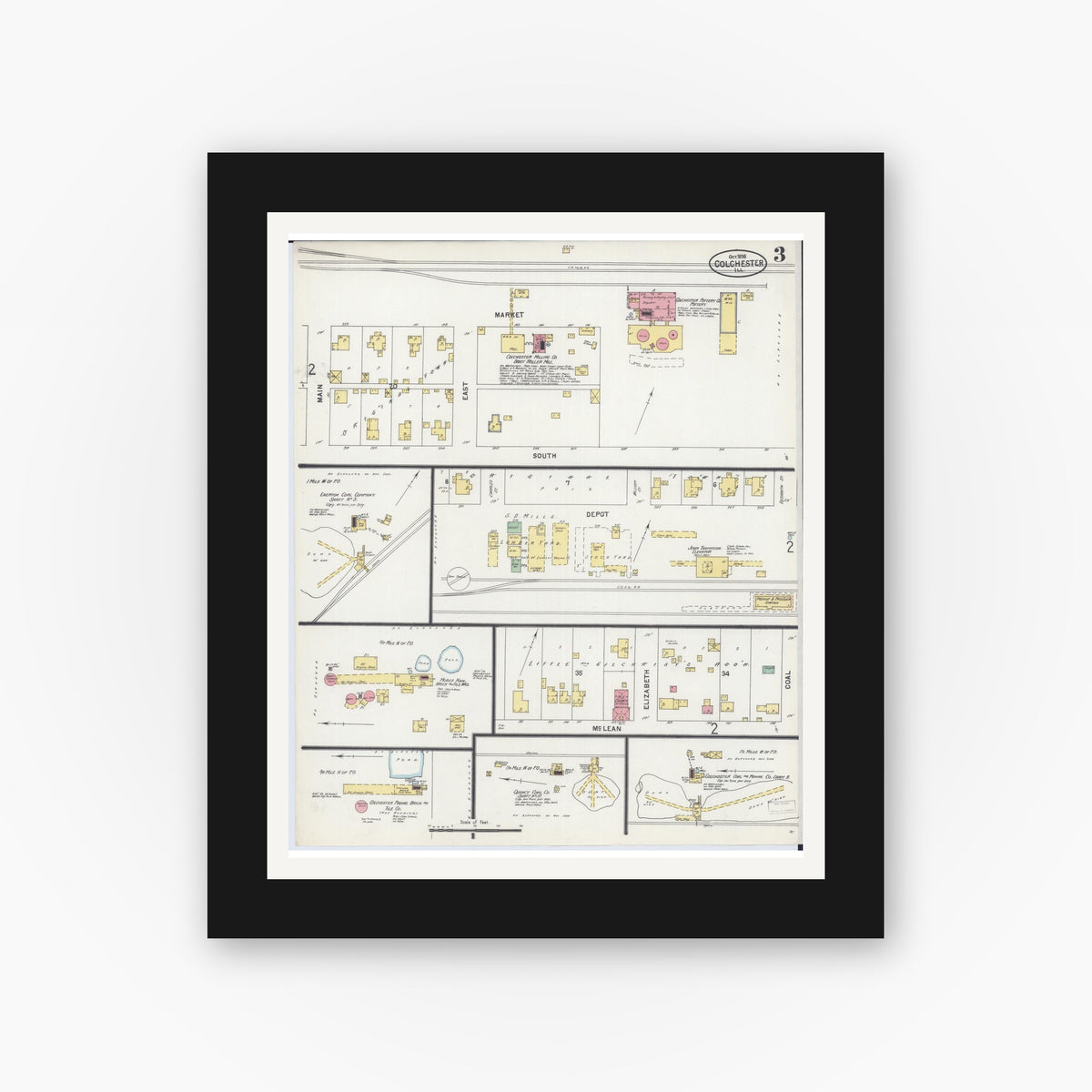 Old map wall art mockup — black gallery frame with white mat — Sanborn Fire Insurance Map from Colchester, Mcdonough County, Illinois (1898), Sheet #0003