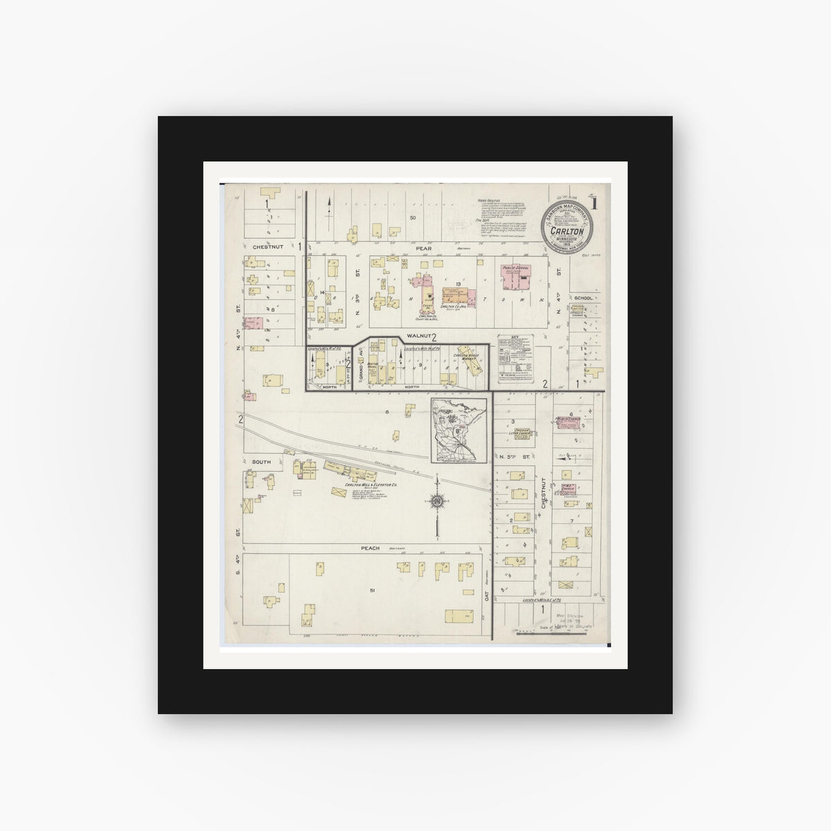 Old map wall art mockup — black gallery frame with white mat — Sanborn Fire Insurance Map from Carlton, Carlton County, Minnesota (1914) - Complete Map Set