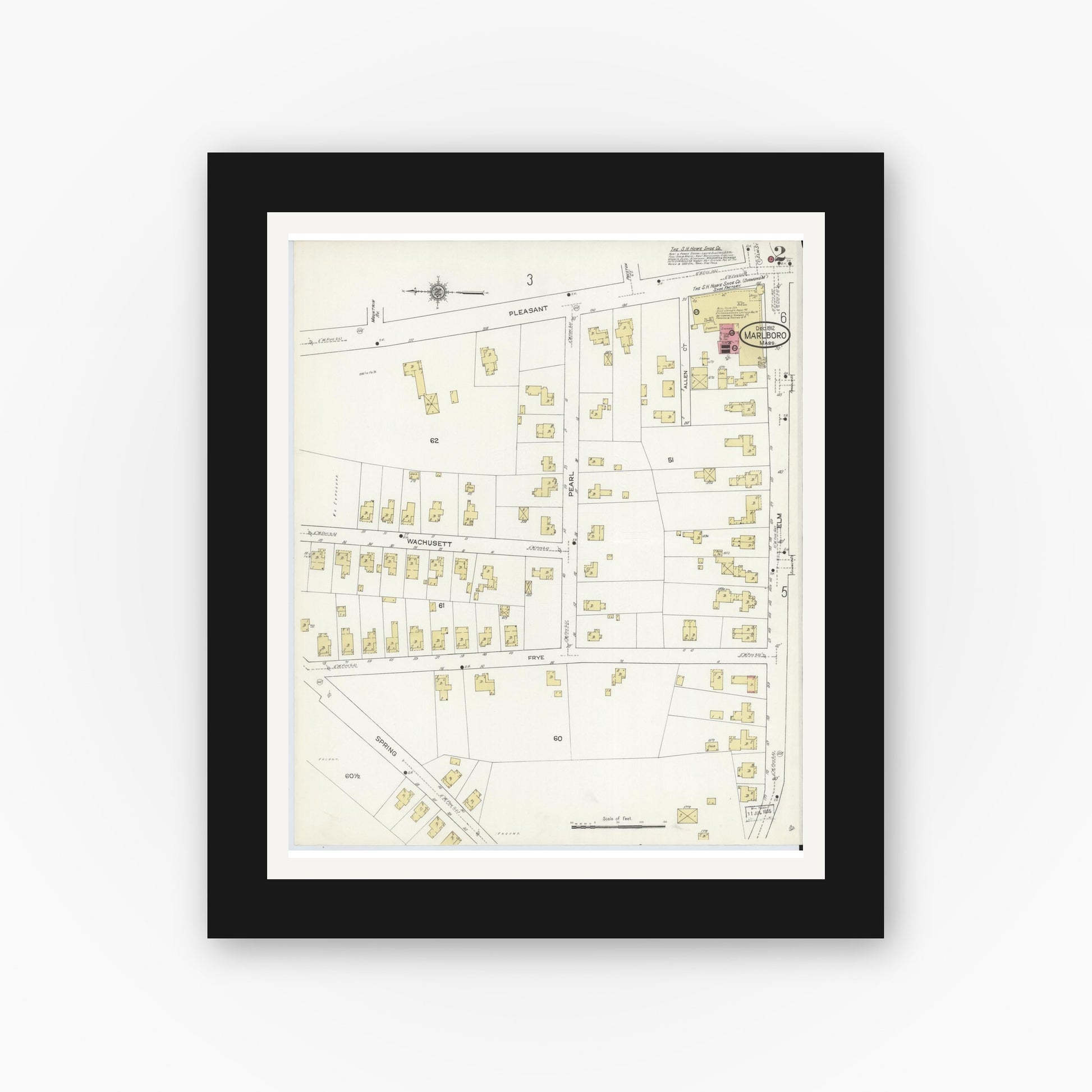 Old map wall art mockup — black gallery frame with white mat — Sanborn Fire Insurance Map from Marlborough, Middlesex County, Massachusetts (1912), Sheet #0002