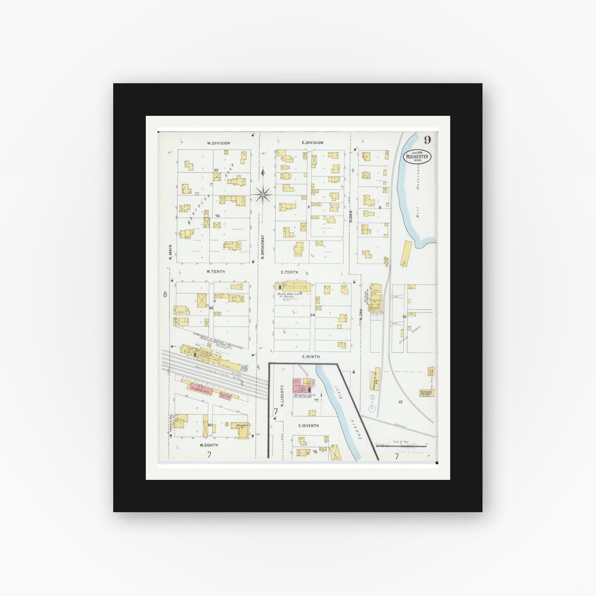 Old map wall art mockup — black gallery frame with white mat — Sanborn Fire Insurance Map from Rochester, Olmsted County, Minnesota (1899), Sheet #0009