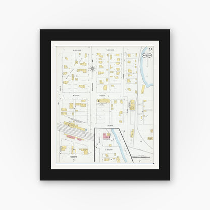 Old map wall art mockup — black gallery frame with white mat — Sanborn Fire Insurance Map from Rochester, Olmsted County, Minnesota (1899), Sheet #0009