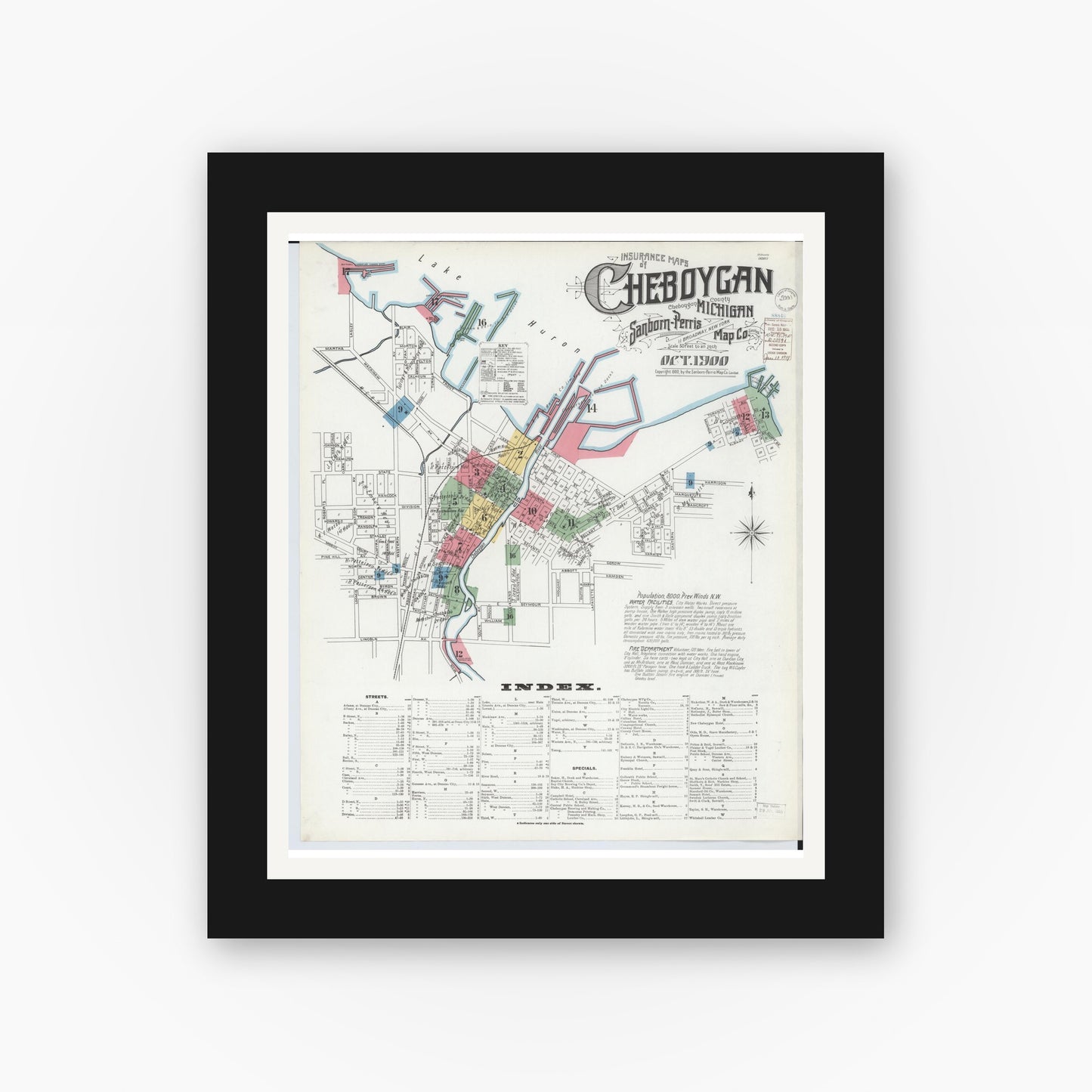 Old map wall art mockup — black gallery frame with white mat — Sanborn Fire Insurance Map from Cheboygan, Cheboygan County, Michigan (1900) - Complete Map Set