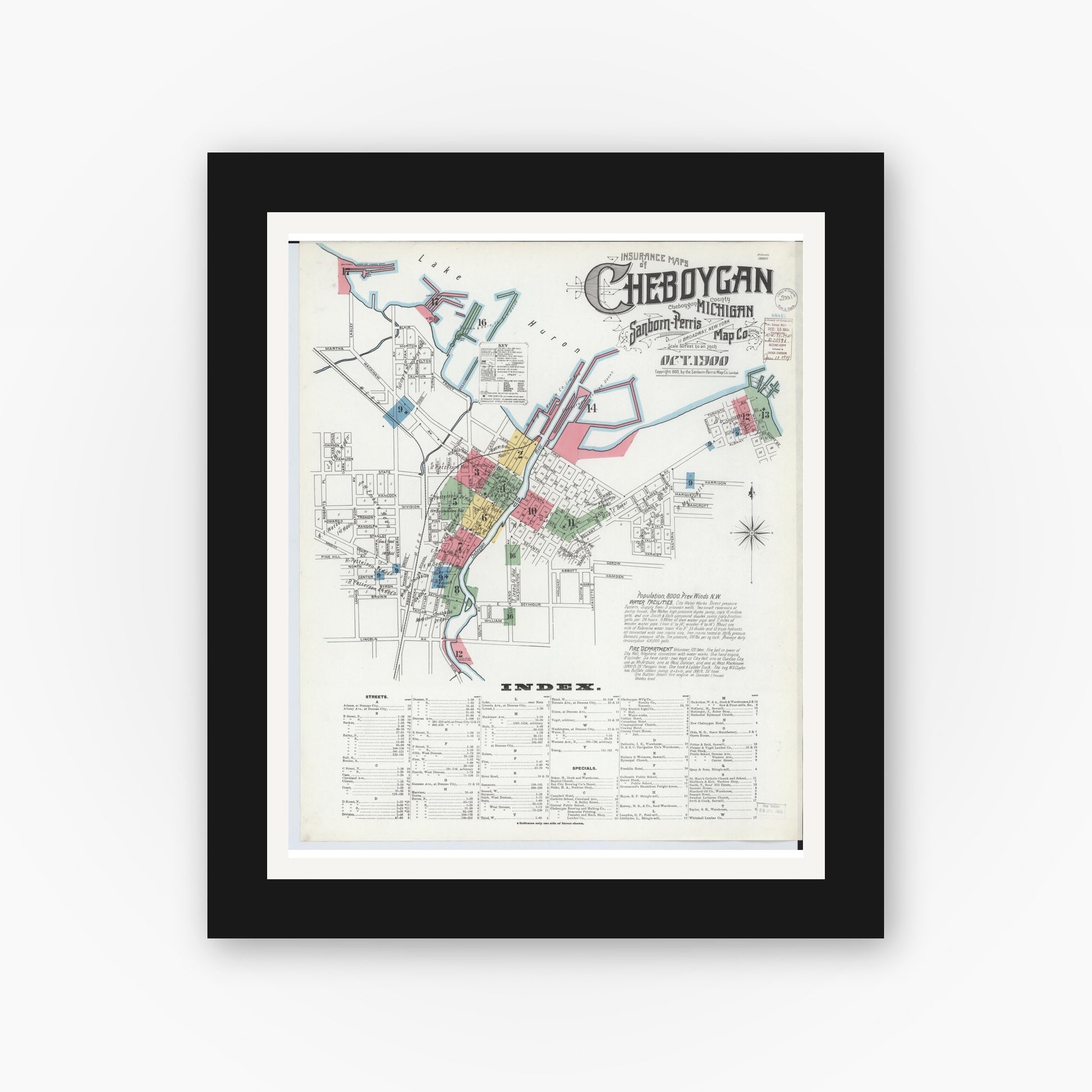 Old map wall art mockup — black gallery frame with white mat — Sanborn Fire Insurance Map from Cheboygan, Cheboygan County, Michigan (1900) - Complete Map Set