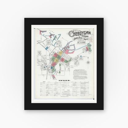 Old map wall art mockup — black gallery frame with white mat — Sanborn Fire Insurance Map from Cheboygan, Cheboygan County, Michigan (1900) - Complete Map Set