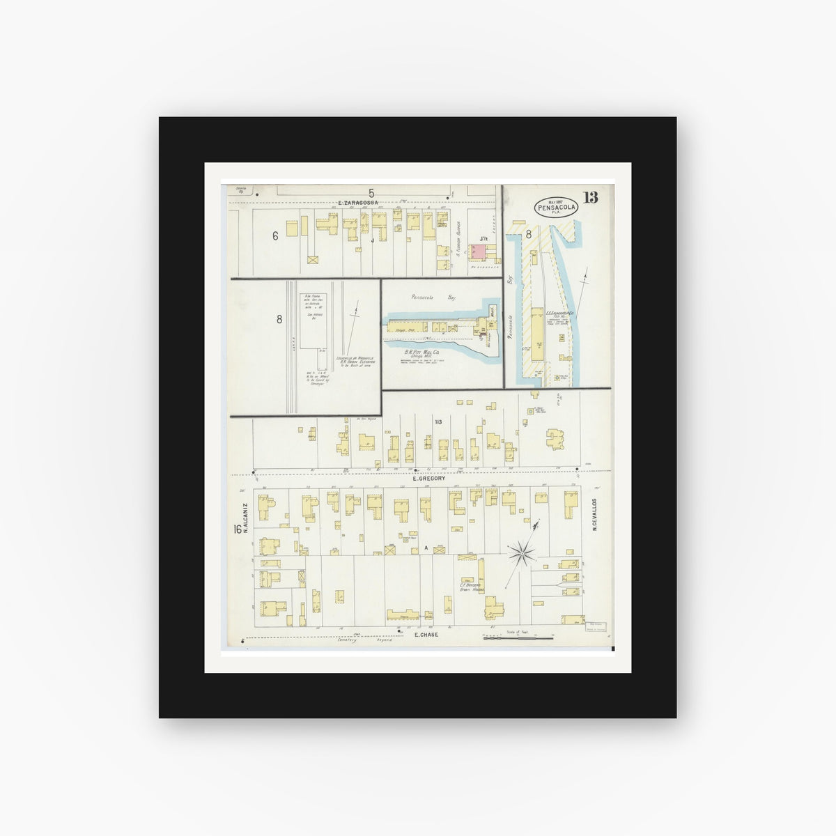 Old map wall art mockup — black gallery frame with white mat — Sanborn Fire Insurance Map from Pensacola, Escambia County, Florida (1897), Sheet #0013