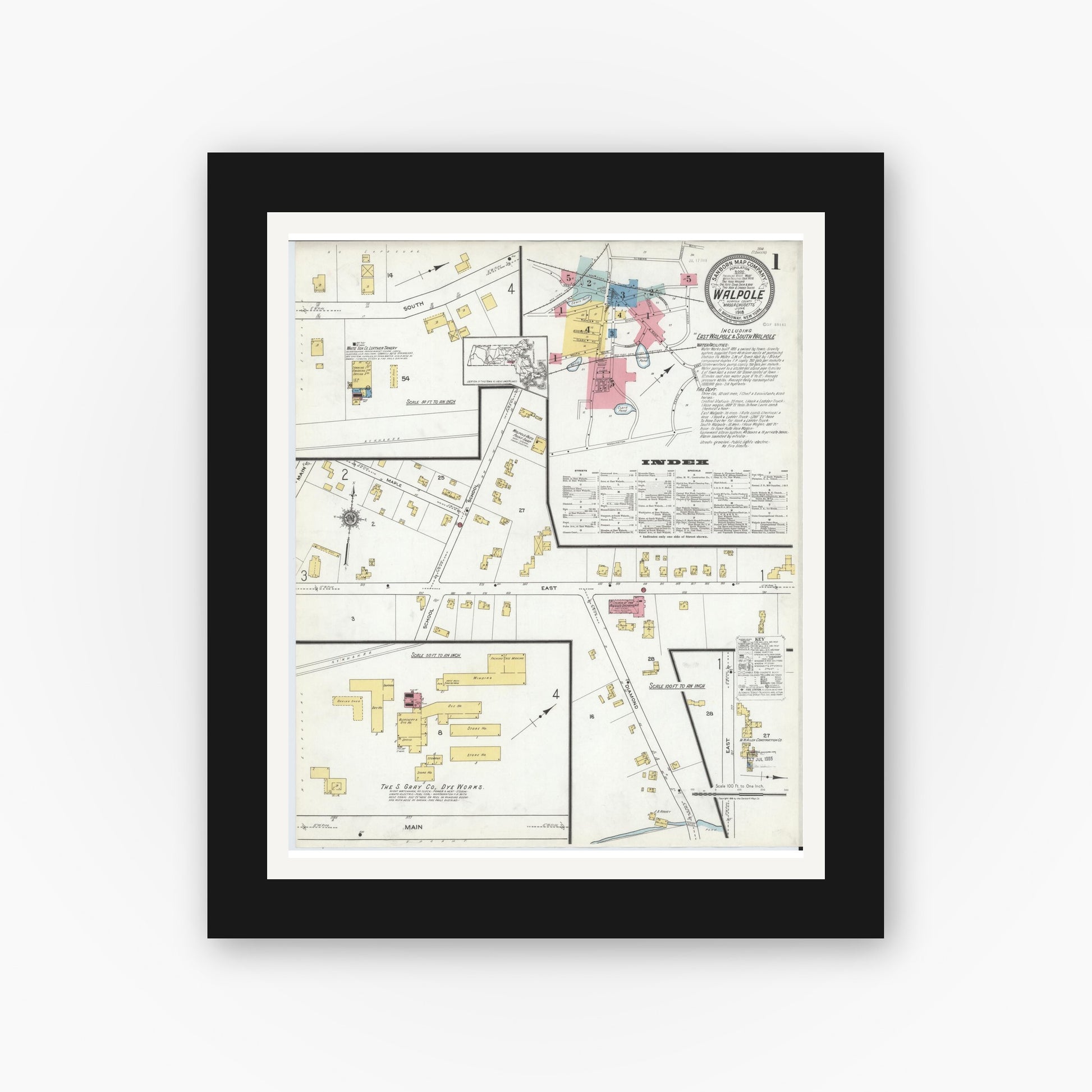 Old map wall art mockup — black gallery frame with white mat — Sanborn Fire Insurance Map from Walpole, Norfolk County, Massachusetts (1918), Sheet #0001