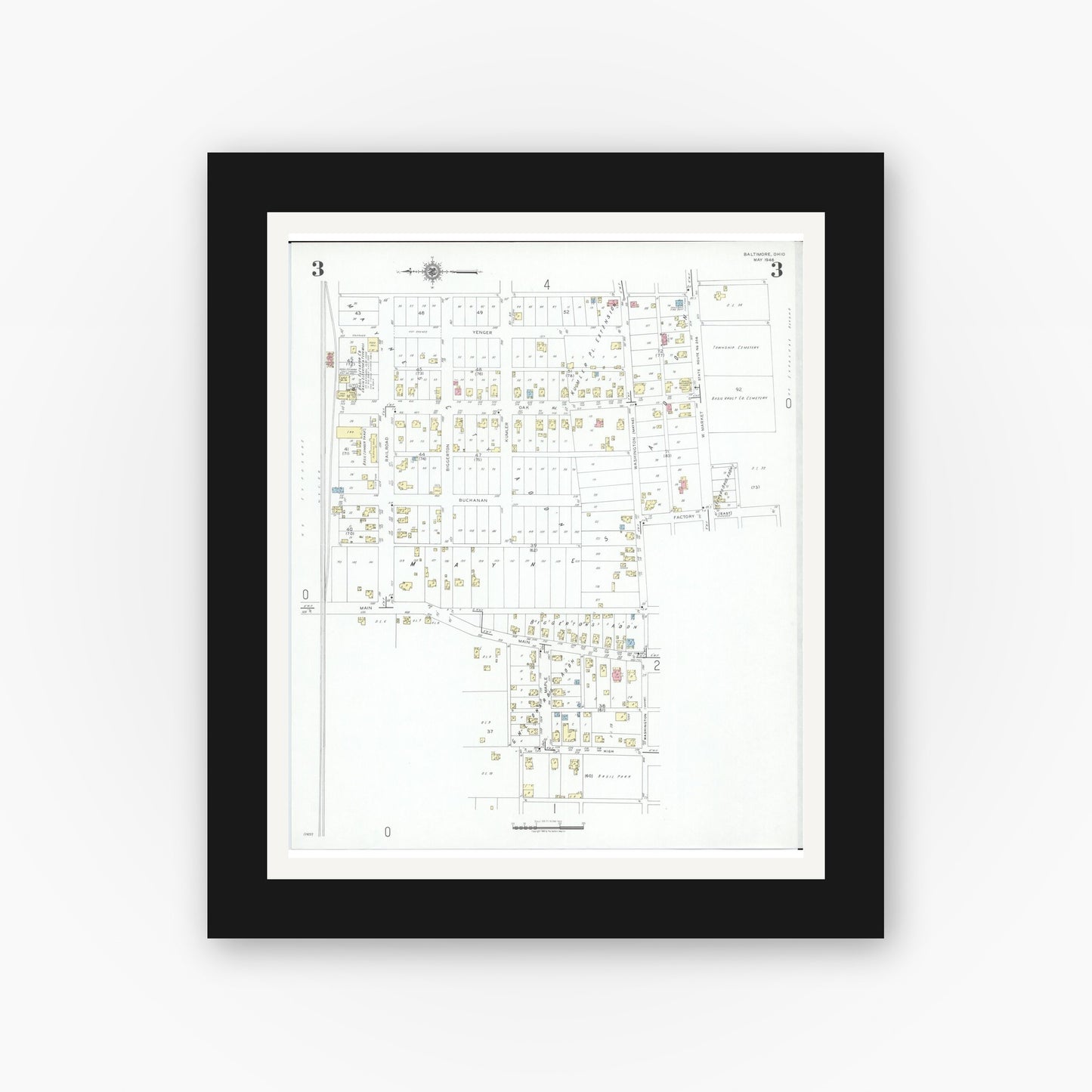 Old map wall art mockup — black gallery frame with white mat — Sanborn Fire Insurance Map from Baltimore, Fairfield County, Ohio (1946), Sheet #0003