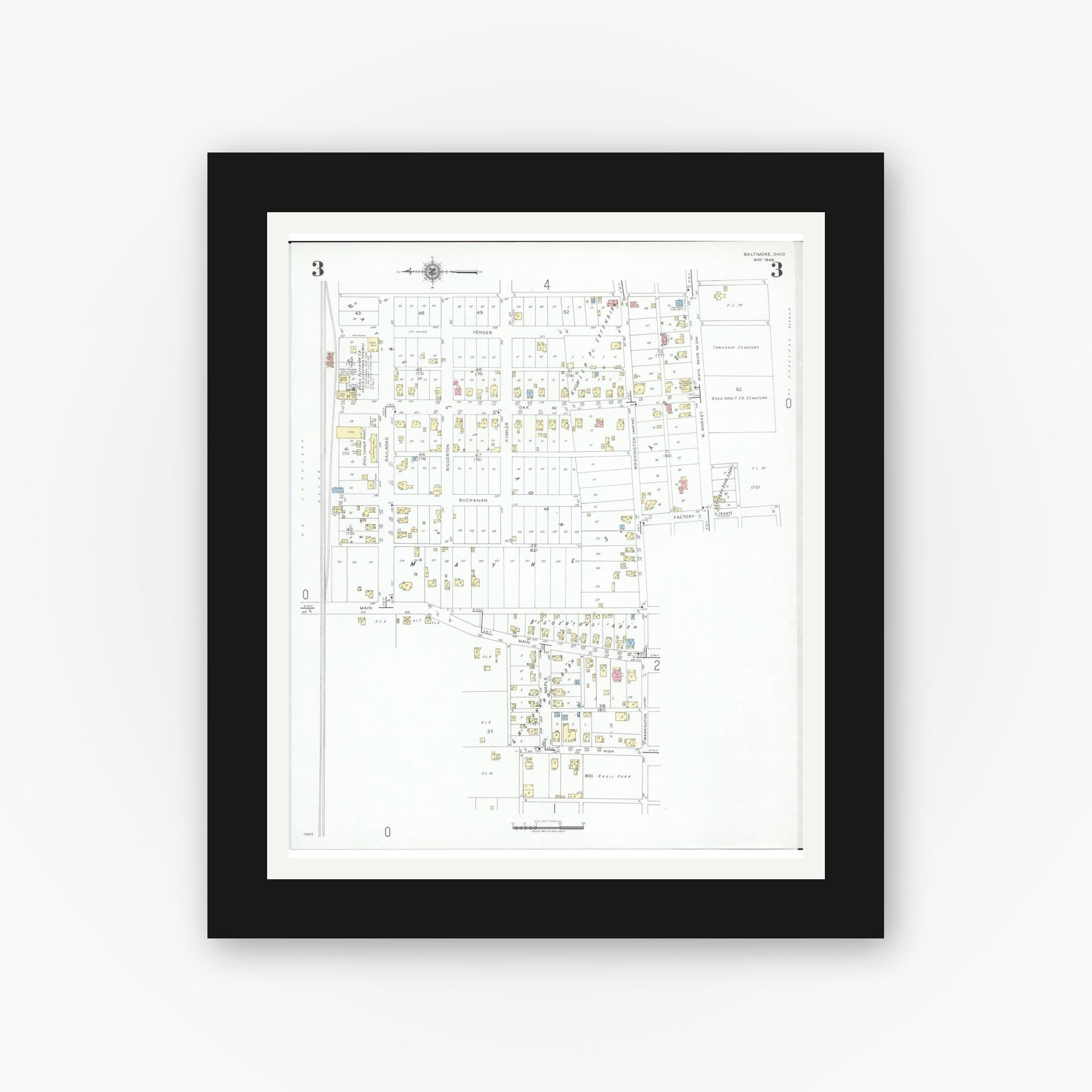 Old map wall art mockup — black gallery frame with white mat — Sanborn Fire Insurance Map from Baltimore, Fairfield County, Ohio (1946), Sheet #0003