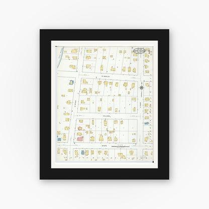 Old map wall art mockup — black gallery frame with white mat — Sanborn Fire Insurance Map from Eaton Rapids, Eaton County, Michigan (1918), Sheet #0007