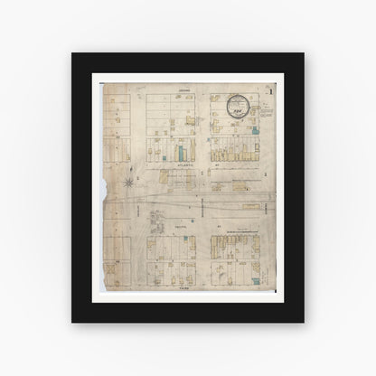 Old map wall art mockup — black gallery frame with white mat — Sanborn Fire Insurance Map from Ada, Norman County, Minnesota (1894), Sheet #0001