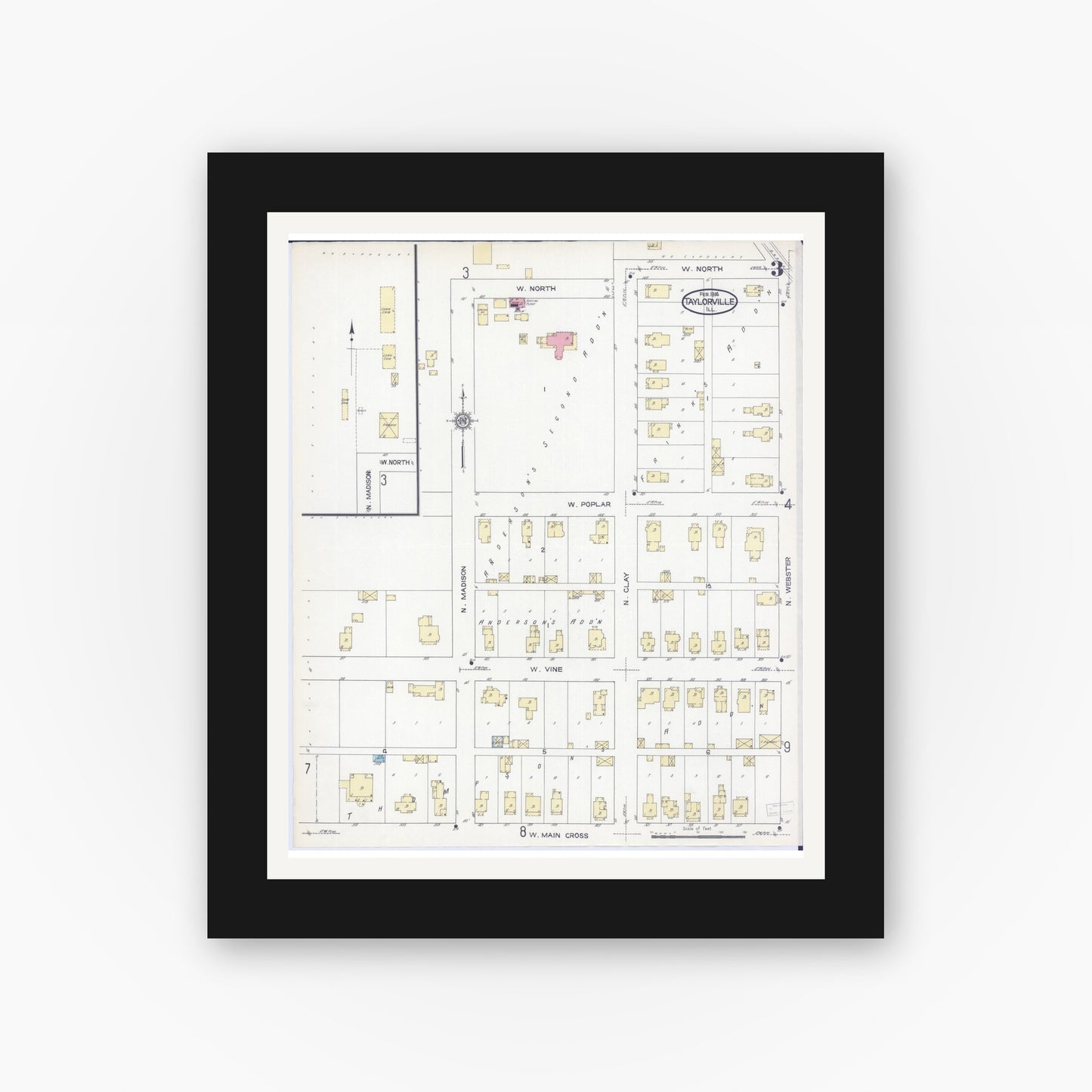 Old map wall art mockup — black gallery frame with white mat — Sanborn Fire Insurance Map from Taylorville, Christian County, Illinois (1914), Sheet #0003