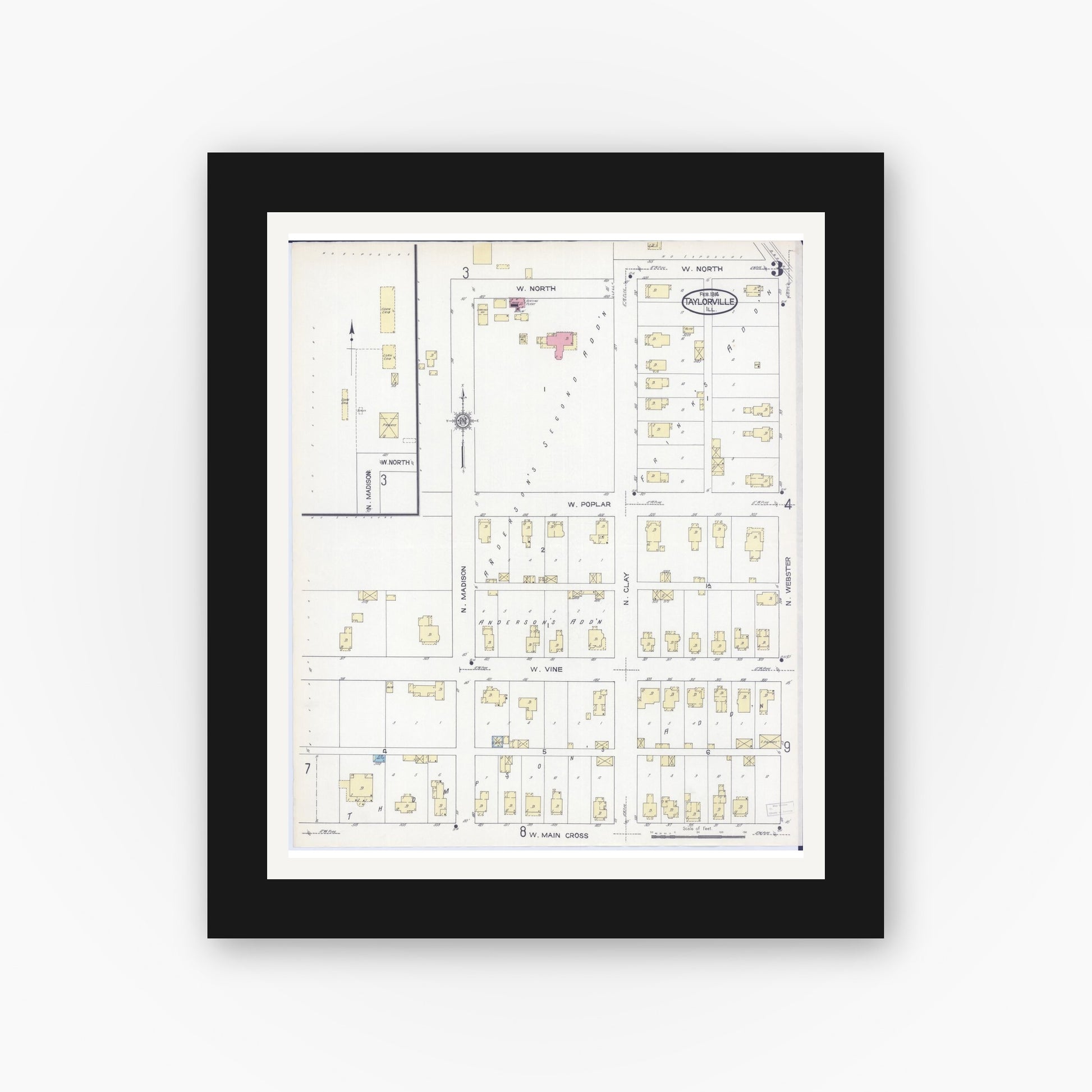 Old map wall art mockup — black gallery frame with white mat — Sanborn Fire Insurance Map from Taylorville, Christian County, Illinois (1914), Sheet #0003