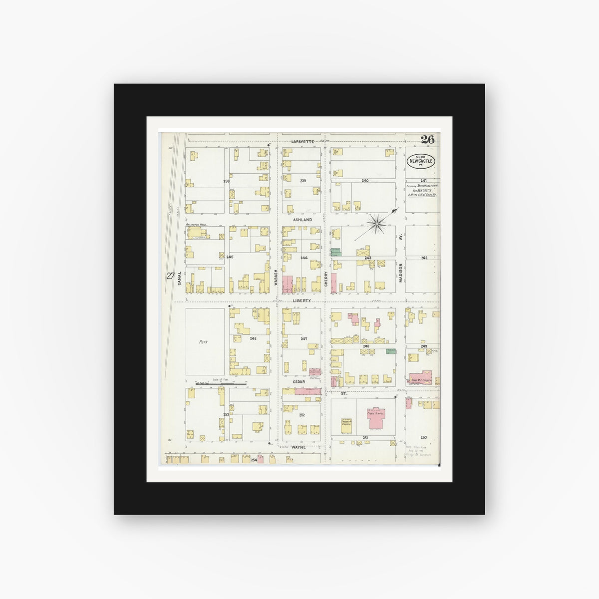 Old map wall art mockup — black gallery frame with white mat — Sanborn Fire Insurance Map from New Castle, Lawrence County, Pennsylvania (1899), Sheet #0026