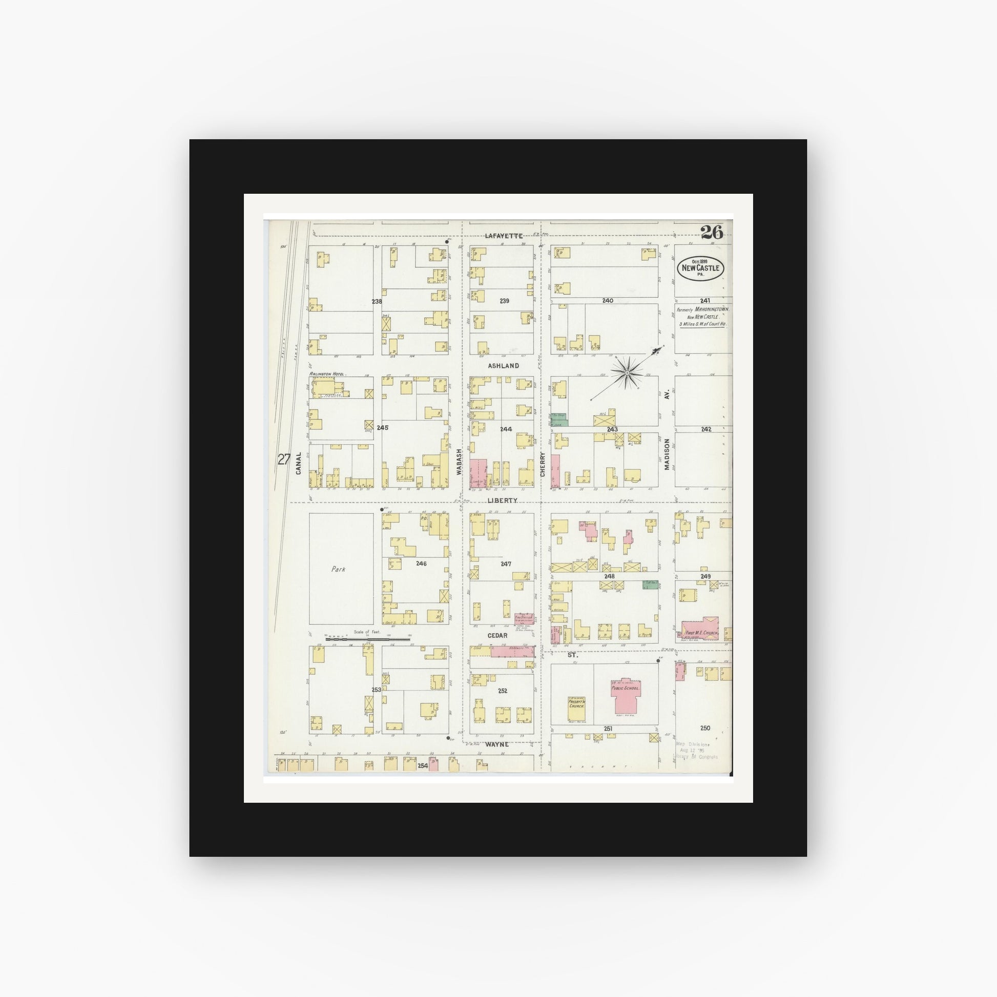 Old map wall art mockup — black gallery frame with white mat — Sanborn Fire Insurance Map from New Castle, Lawrence County, Pennsylvania (1899), Sheet #0026