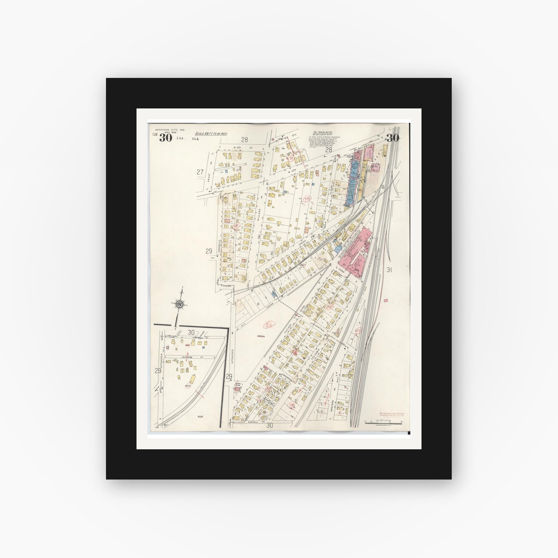 Old map wall art mockup — black gallery frame with white mat — Sanborn Fire Insurance Map from Michigan City, La Porte County, Indiana (1948), Sheet #0030