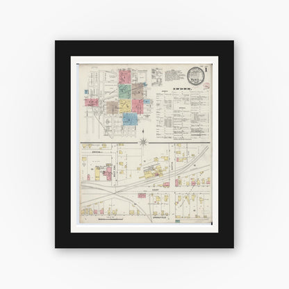Old map wall art mockup — black gallery frame with white mat — Sanborn Fire Insurance Map from Paris, Edgar County, Illinois (1895), Sheet #0001