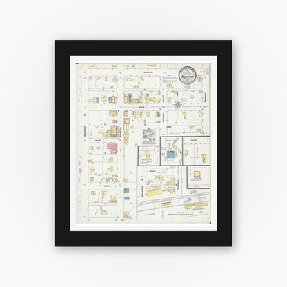 Old map wall art mockup — black gallery frame with white mat — Sanborn Fire Insurance Map from Montfort, Grant County, Wisconsin (1905), Sheet #0001