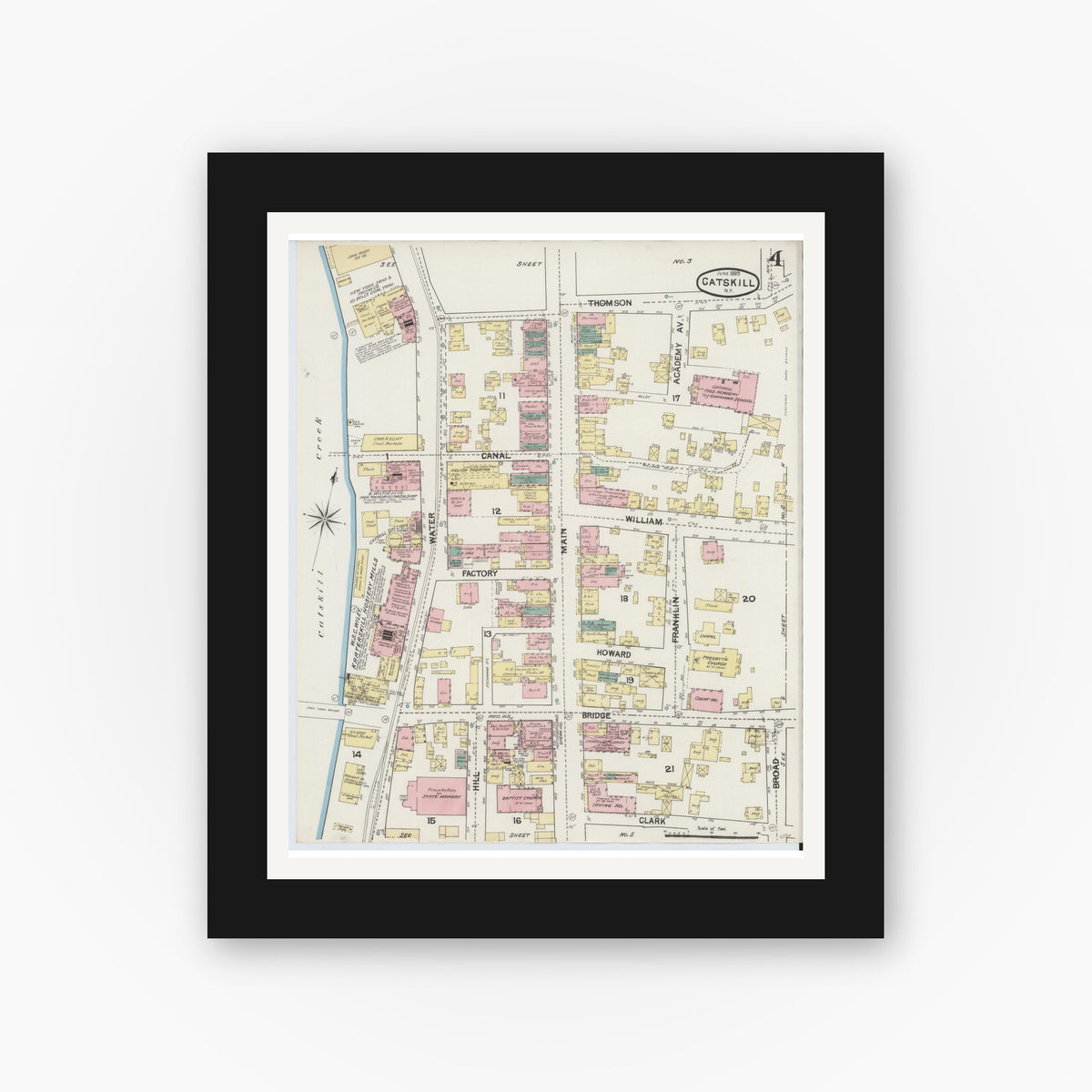 Old map wall art mockup — black gallery frame with white mat — Sanborn Fire Insurance Map from Catskill, Greene County, New York (1889), Sheet #0004