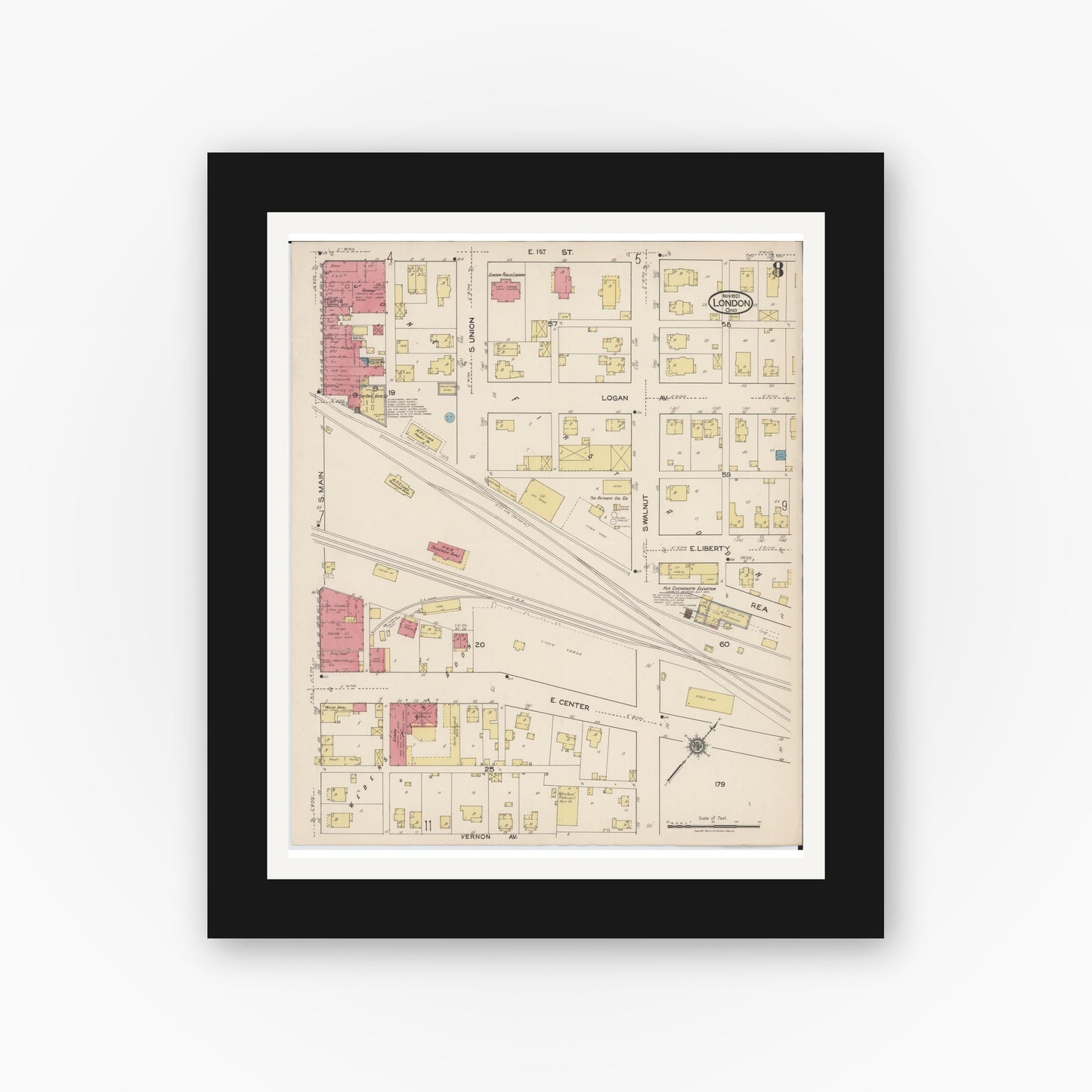 Old map wall art mockup — black gallery frame with white mat — Sanborn Fire Insurance Map from London, Madison County, Ohio (1921), Sheet #0008