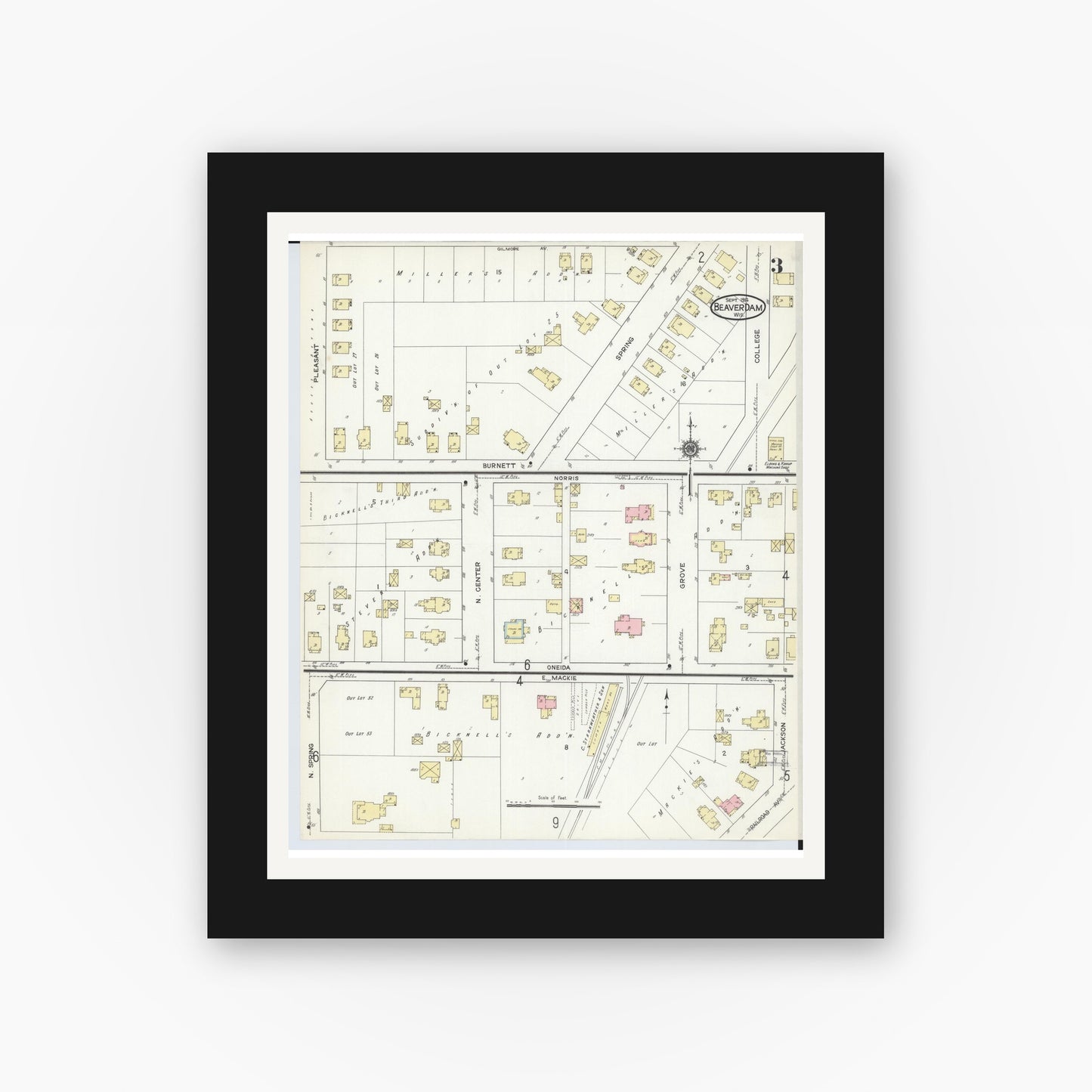 Old map wall art mockup — black gallery frame with white mat — Sanborn Fire Insurance Map from Beaver Dam, Dodge County, Wisconsin (1914), Sheet #0003