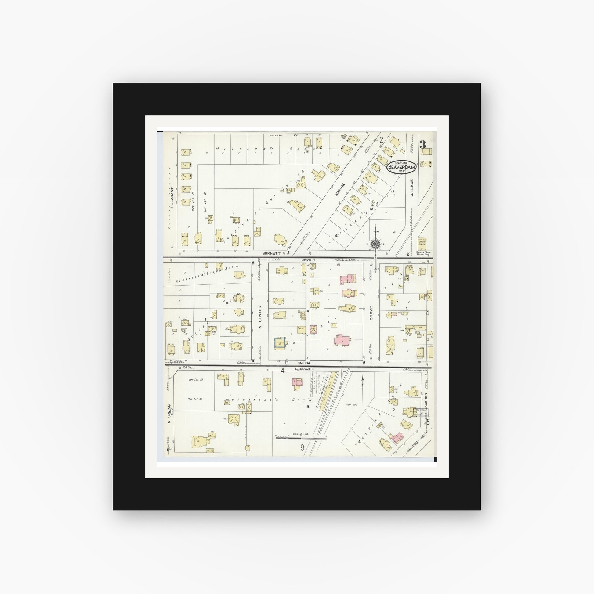 Old map wall art mockup — black gallery frame with white mat — Sanborn Fire Insurance Map from Beaver Dam, Dodge County, Wisconsin (1914), Sheet #0003