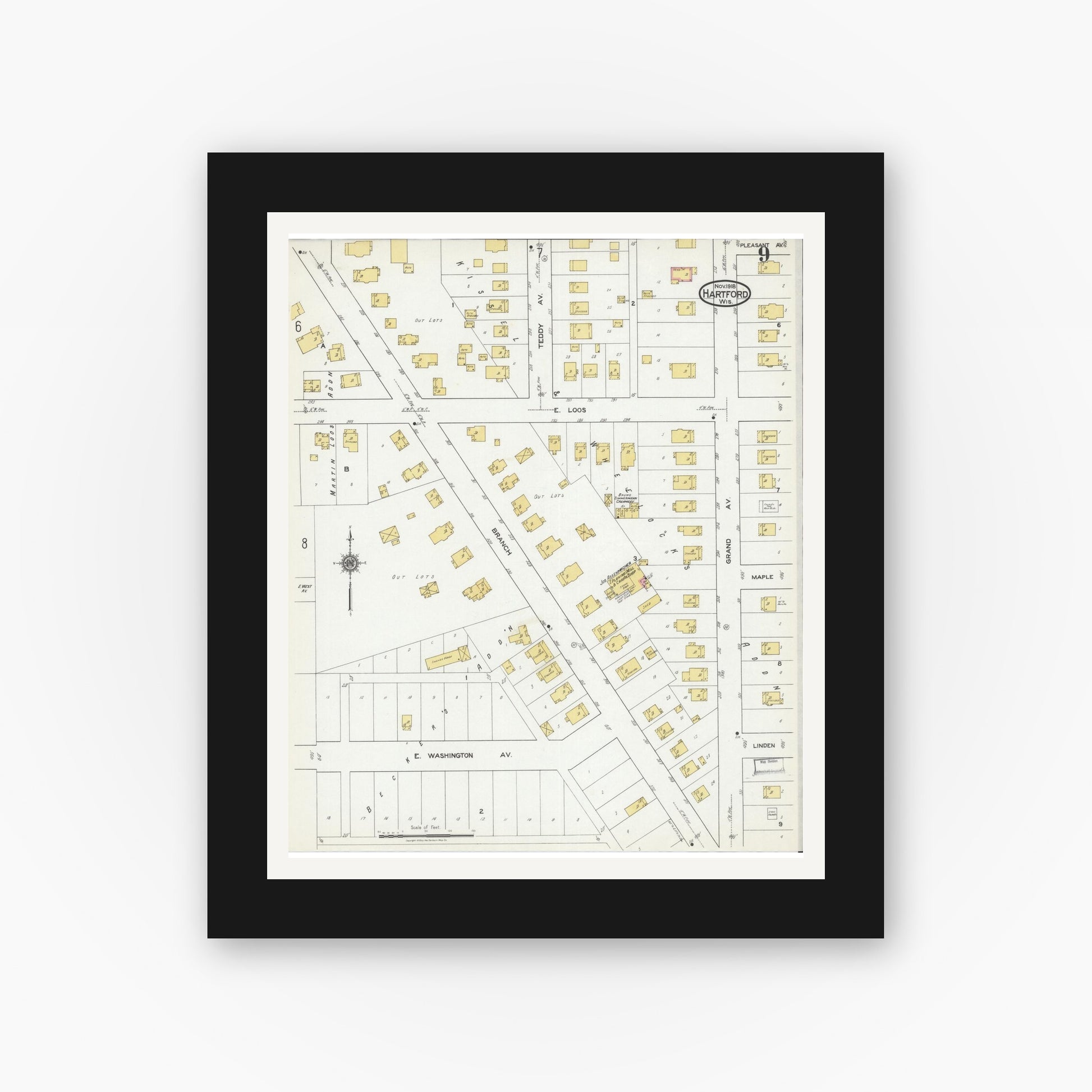 Old map wall art mockup — black gallery frame with white mat — Sanborn Fire Insurance Map from Hartford, Washington County, Wisconsin (1918), Sheet #0009