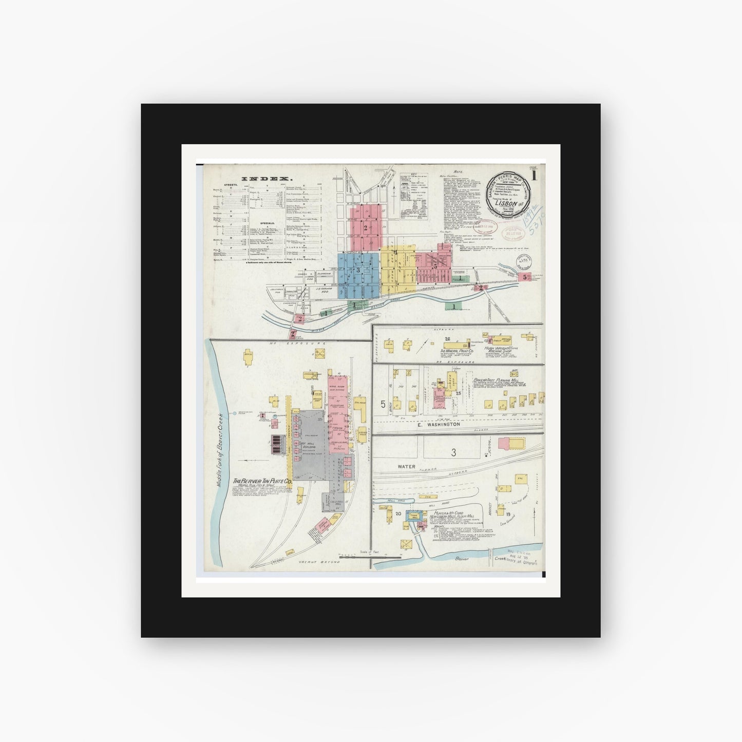 Old map wall art mockup — black gallery frame with white mat — Sanborn Fire Insurance Map from Lisbon, Columbiana County, Ohio (1898) - Complete Map Set