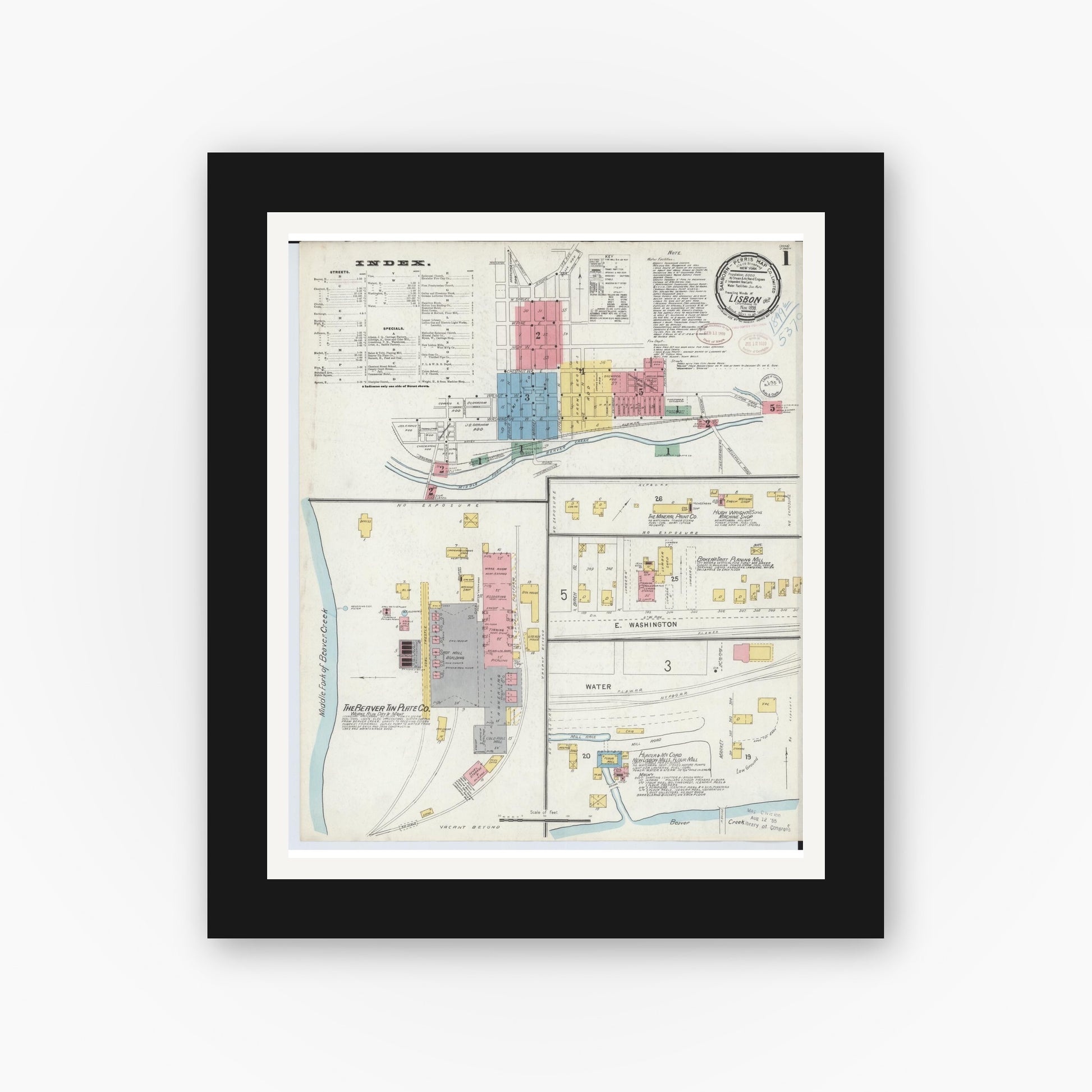 Old map wall art mockup — black gallery frame with white mat — Sanborn Fire Insurance Map from Lisbon, Columbiana County, Ohio (1898) - Complete Map Set