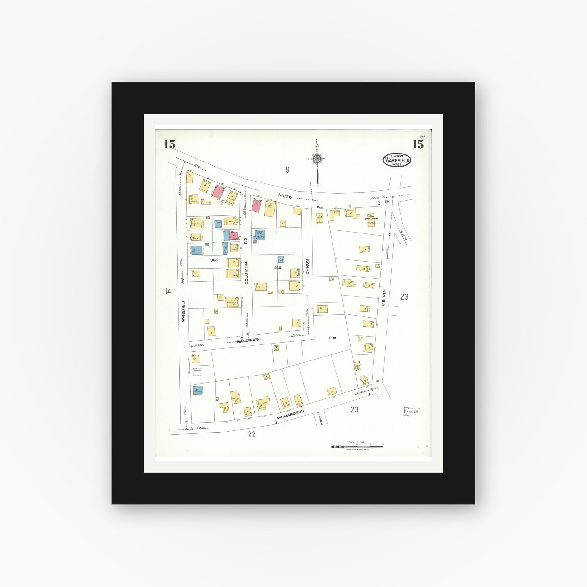 Old map wall art mockup — black gallery frame with white mat — Sanborn Fire Insurance Map from Wakefield, Middlesex County, Massachusetts (1923), Sheet #0015