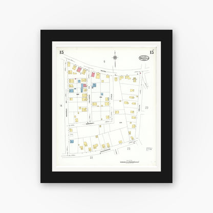 Old map wall art mockup — black gallery frame with white mat — Sanborn Fire Insurance Map from Wakefield, Middlesex County, Massachusetts (1923), Sheet #0015