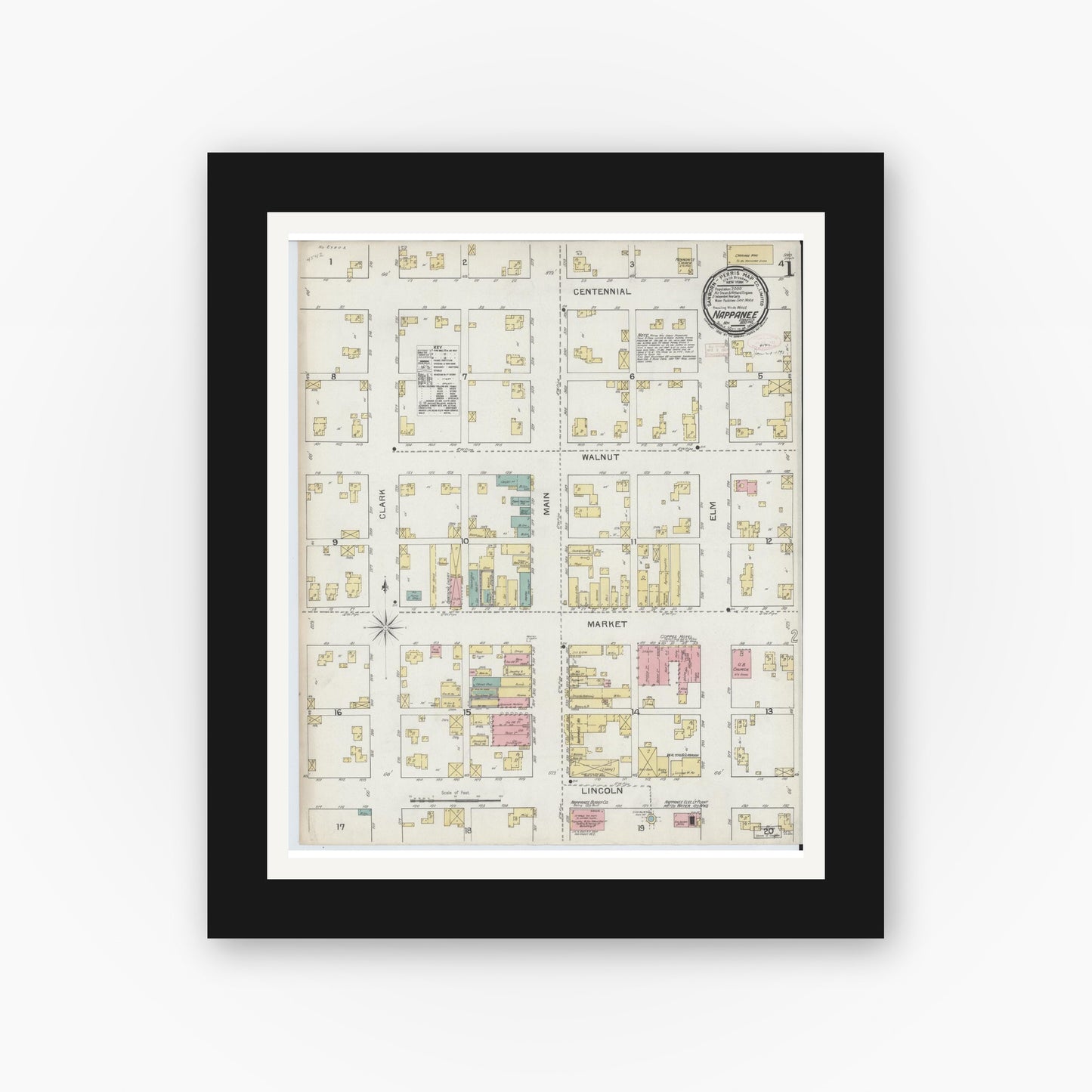 Old map wall art mockup — black gallery frame with white mat — Sanborn Fire Insurance Map from Nappanee, Elkhart County, Indiana (1892) - Complete Map Set
