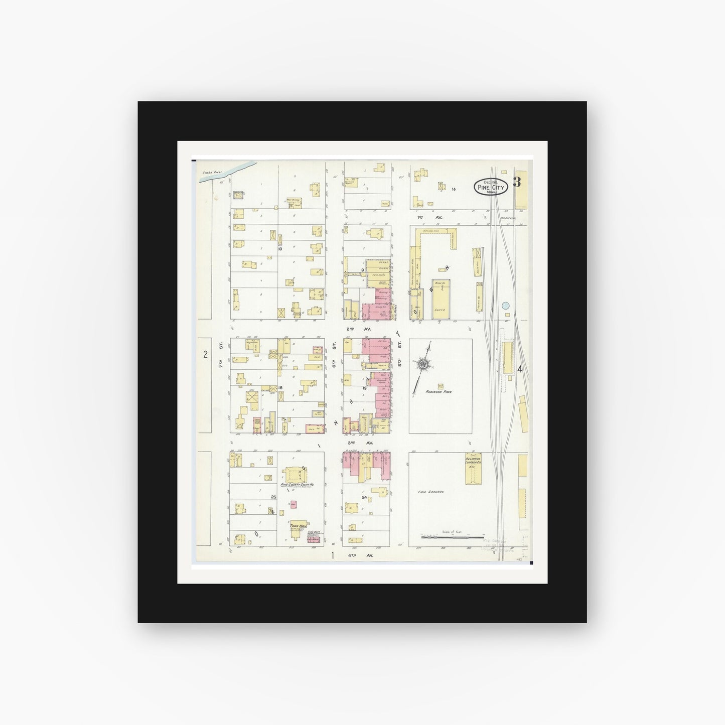 Old map wall art mockup — black gallery frame with white mat — Sanborn Fire Insurance Map from Pine City, Pine County, Minnesota (1911), Sheet #0003