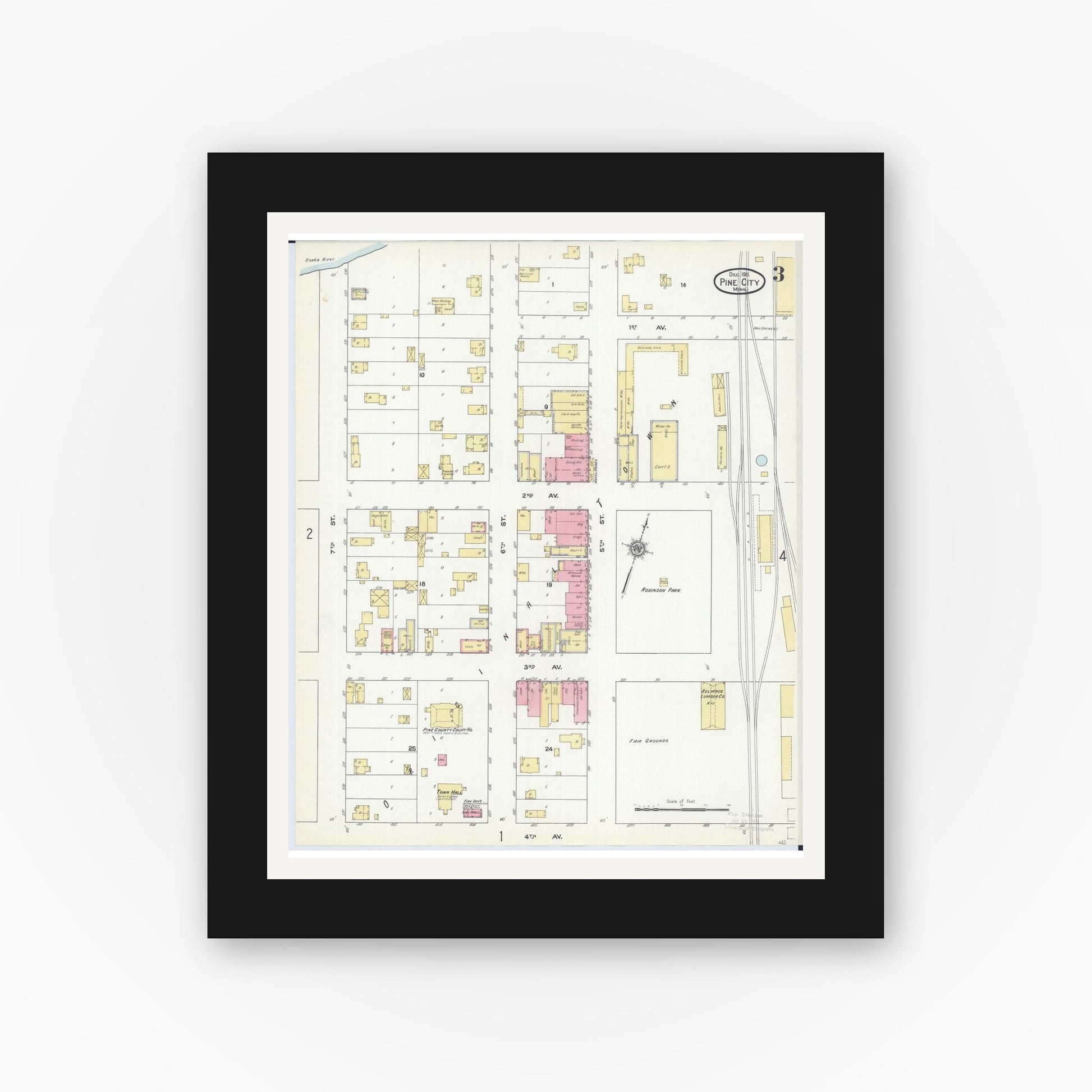 Old map wall art mockup — black gallery frame with white mat — Sanborn Fire Insurance Map from Pine City, Pine County, Minnesota (1911), Sheet #0003