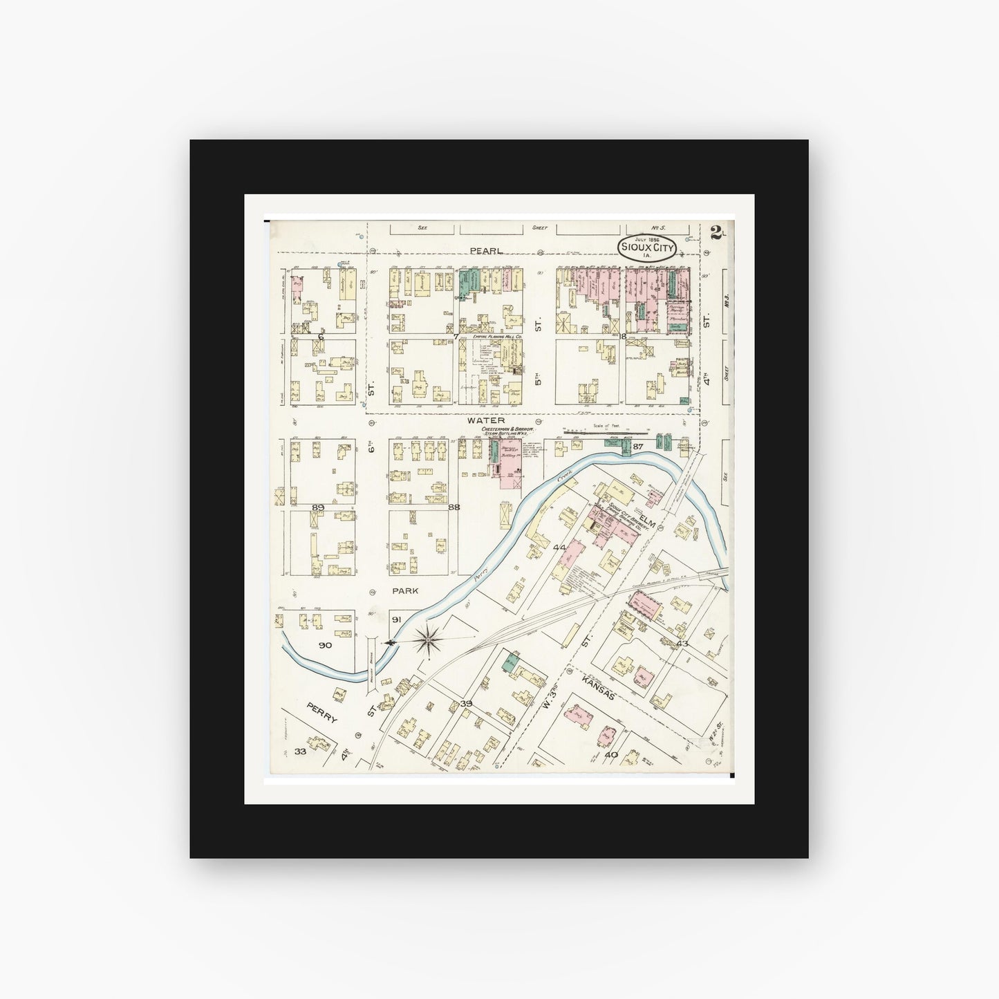 Old map wall art mockup — black gallery frame with white mat — Sanborn Fire Insurance Map from Sioux City, Woodbury County, Iowa (1886), Sheet #0002