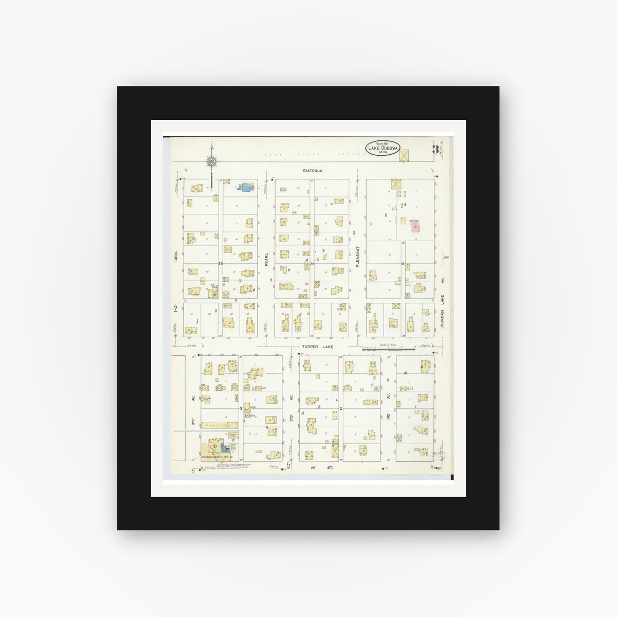 Old map wall art mockup — black gallery frame with white mat — Sanborn Fire Insurance Map from Lake Odessa, Ionia County, Michigan (1912), Sheet #0003