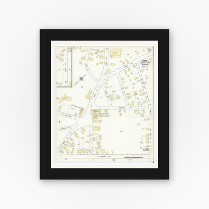 Old map wall art mockup — black gallery frame with white mat — Sanborn Fire Insurance Map from Wareham, Plymouth County, Massachusetts (1912), Sheet #0009
