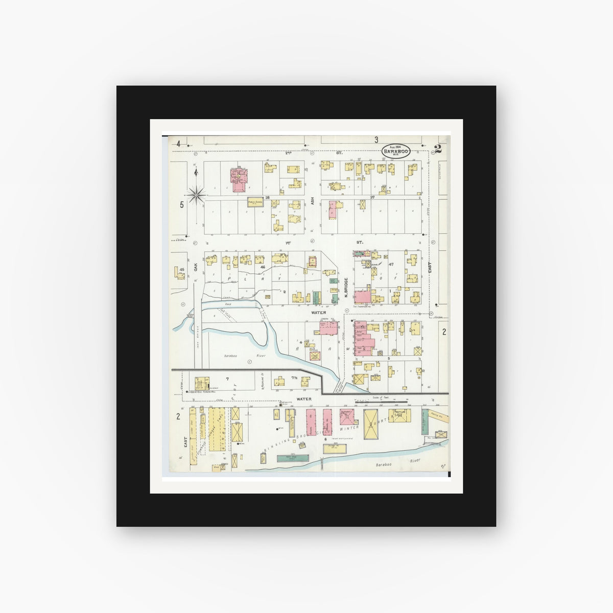 Old map wall art mockup — black gallery frame with white mat — Sanborn Fire Insurance Map from Baraboo, Sauk County, Wisconsin (1904), Sheet #0002