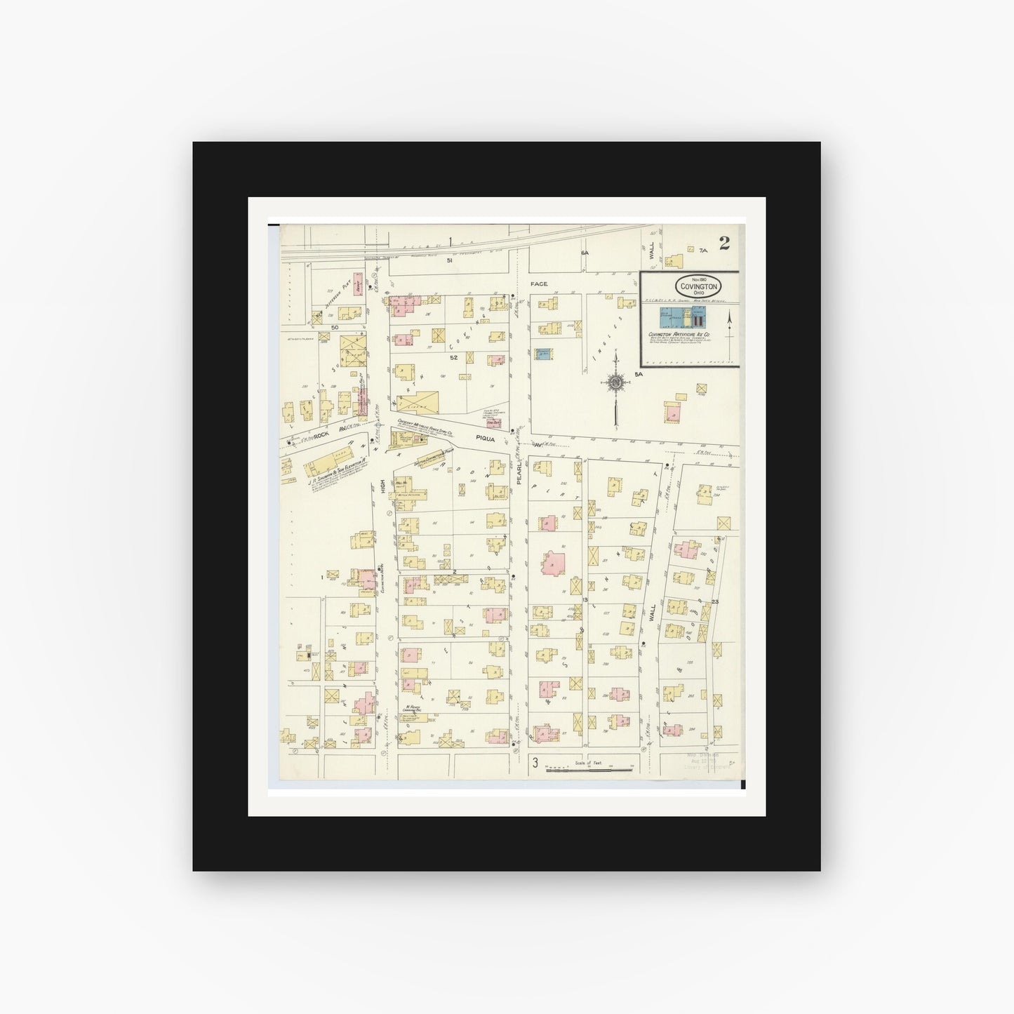 Old map wall art mockup — black gallery frame with white mat — Sanborn Fire Insurance Map from Covington, Miami County, Ohio (1910), Sheet #0002