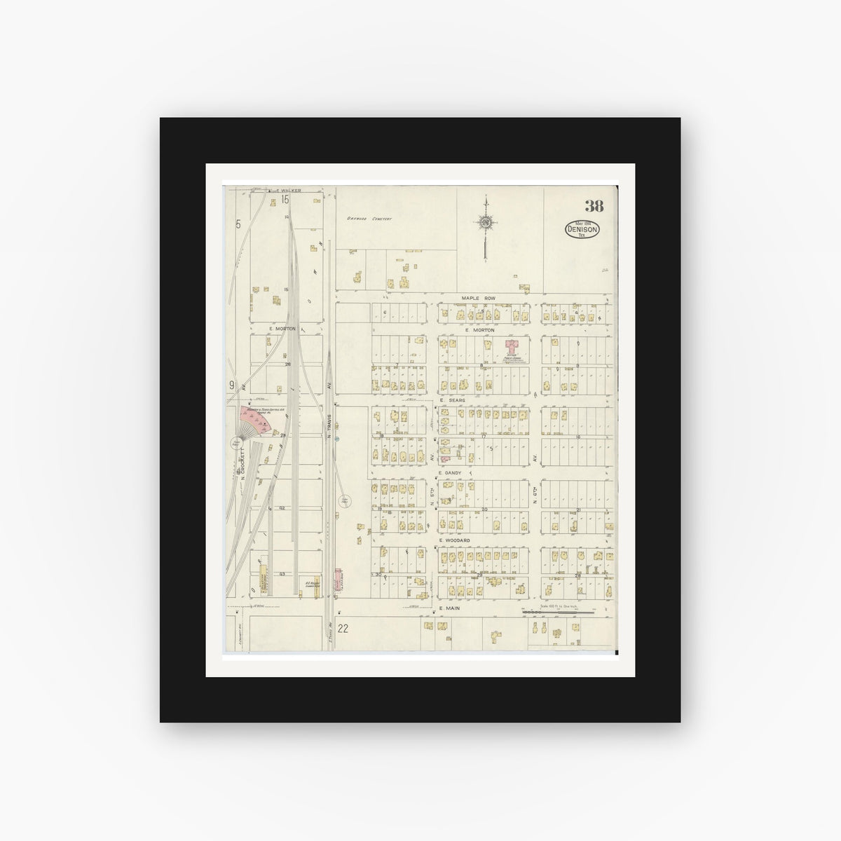 Old map wall art mockup — black gallery frame with white mat — Sanborn Fire Insurance Map from Denison, Grayson County, Texas (1914), Sheet #0038