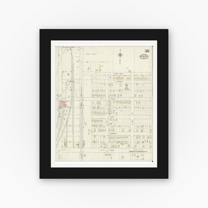 Old map wall art mockup — black gallery frame with white mat — Sanborn Fire Insurance Map from Denison, Grayson County, Texas (1914), Sheet #0038