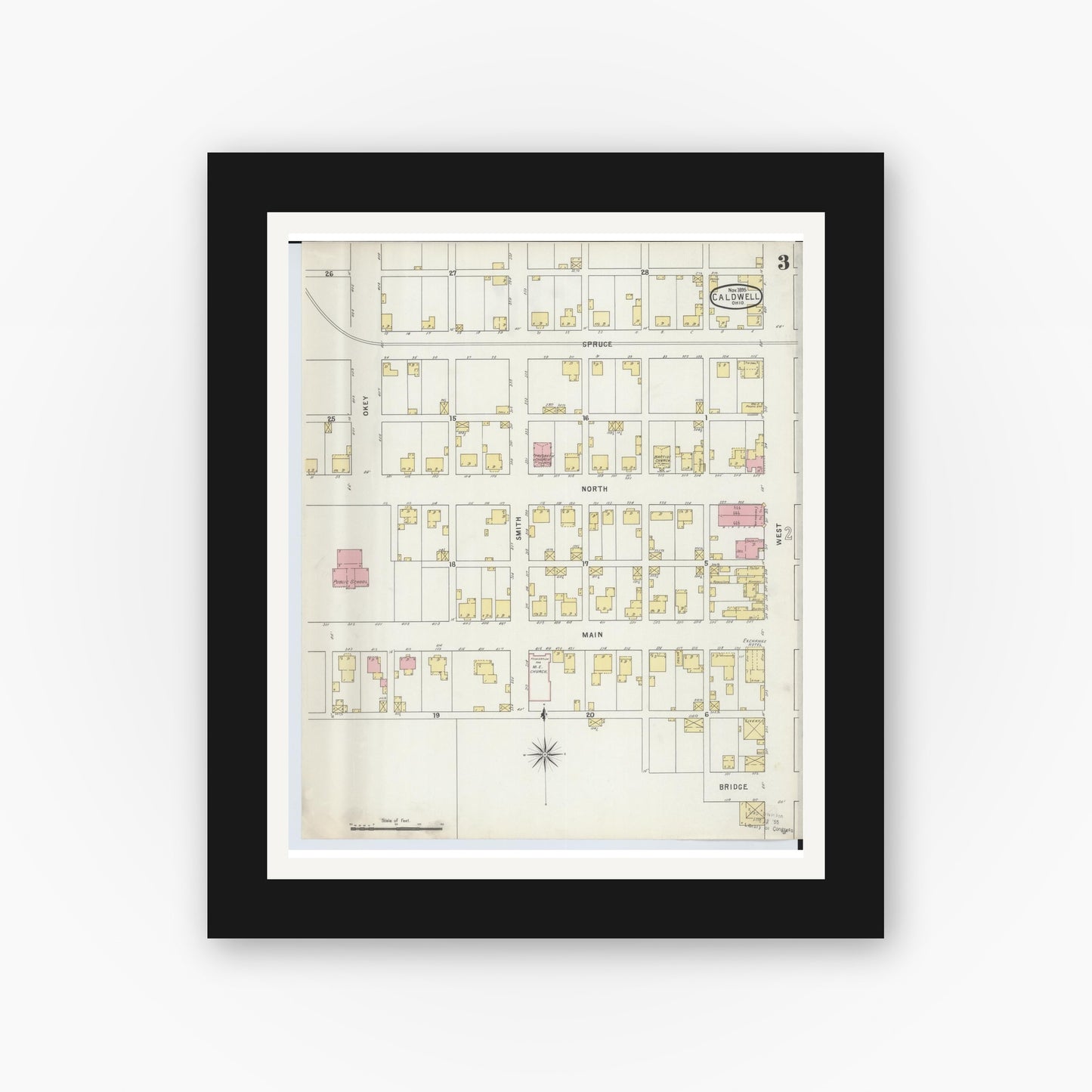 Old map wall art mockup — black gallery frame with white mat — Sanborn Fire Insurance Map from Caldwell, Noble County, Ohio (1895), Sheet #0003
