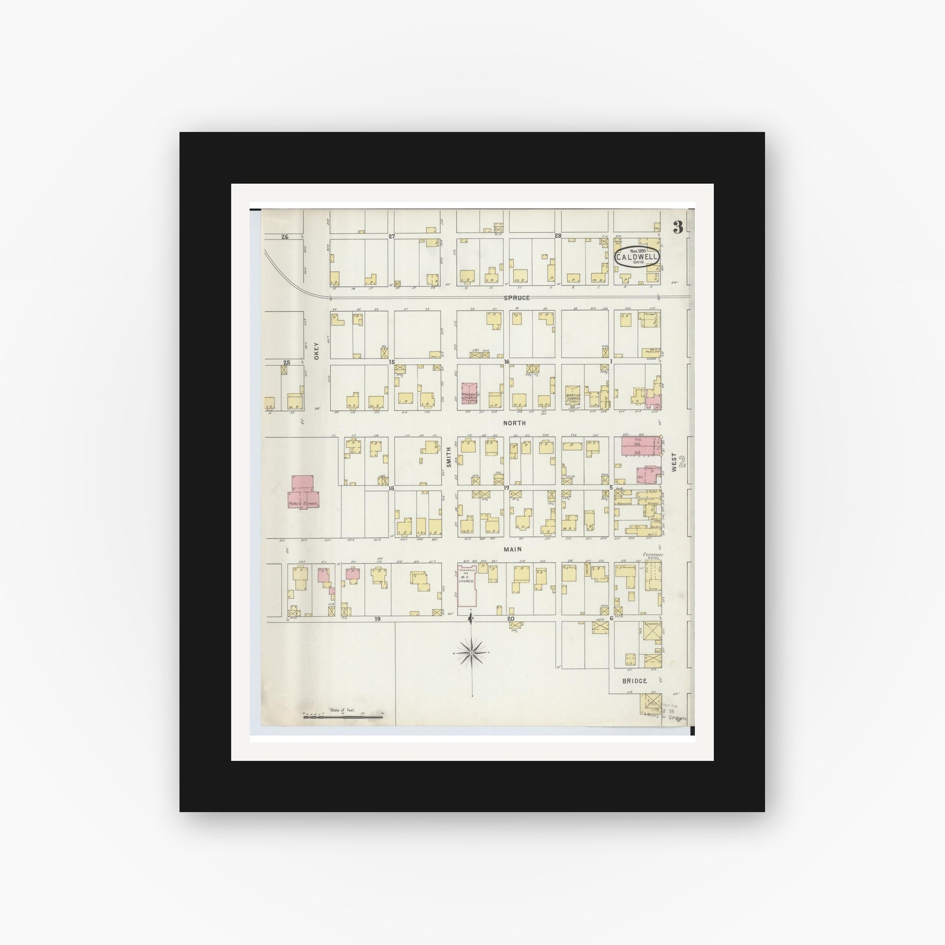 Old map wall art mockup — black gallery frame with white mat — Sanborn Fire Insurance Map from Caldwell, Noble County, Ohio (1895), Sheet #0003