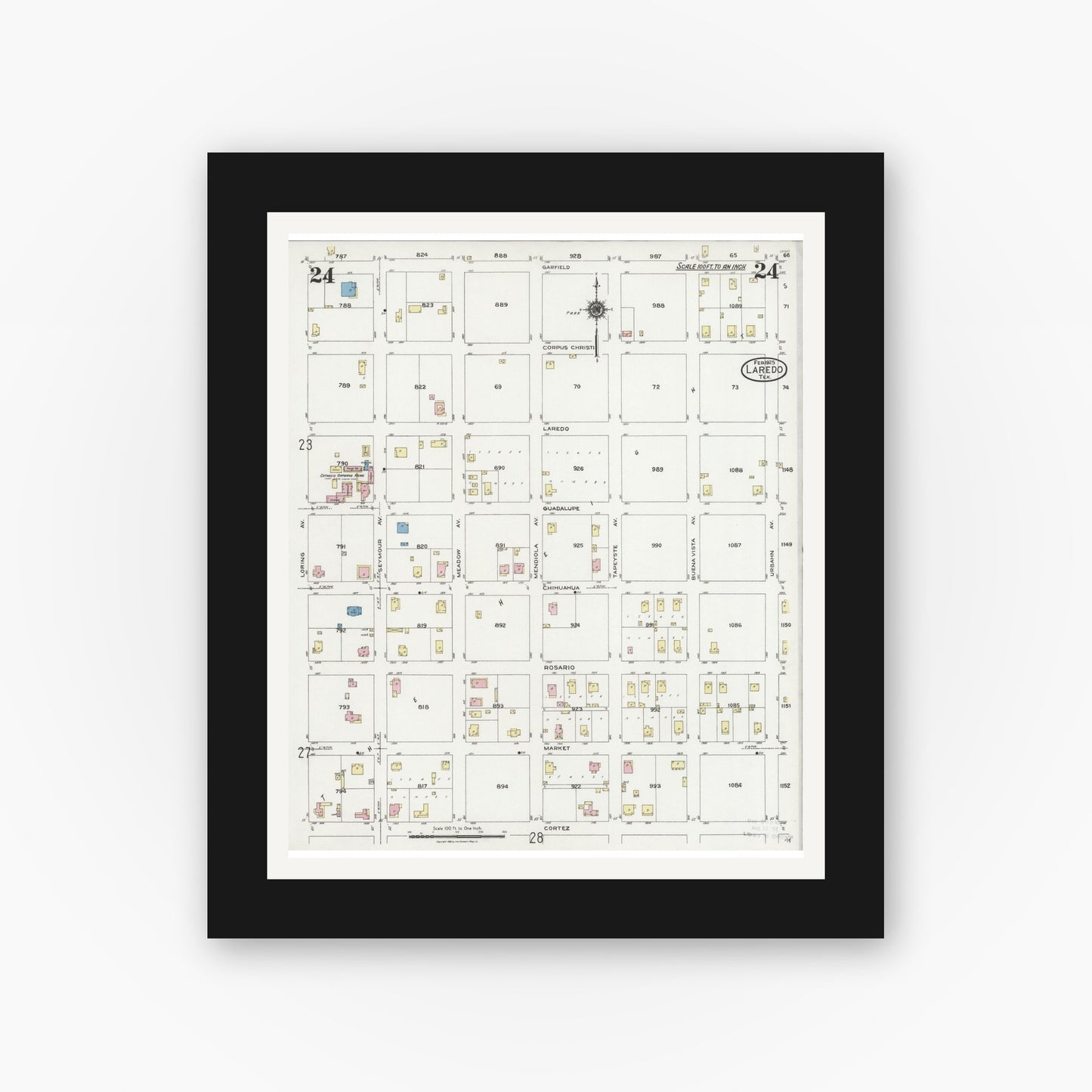 Old map wall art mockup — black gallery frame with white mat — Sanborn Fire Insurance Map from Laredo, Webb County, Texas (1925), Sheet #0024